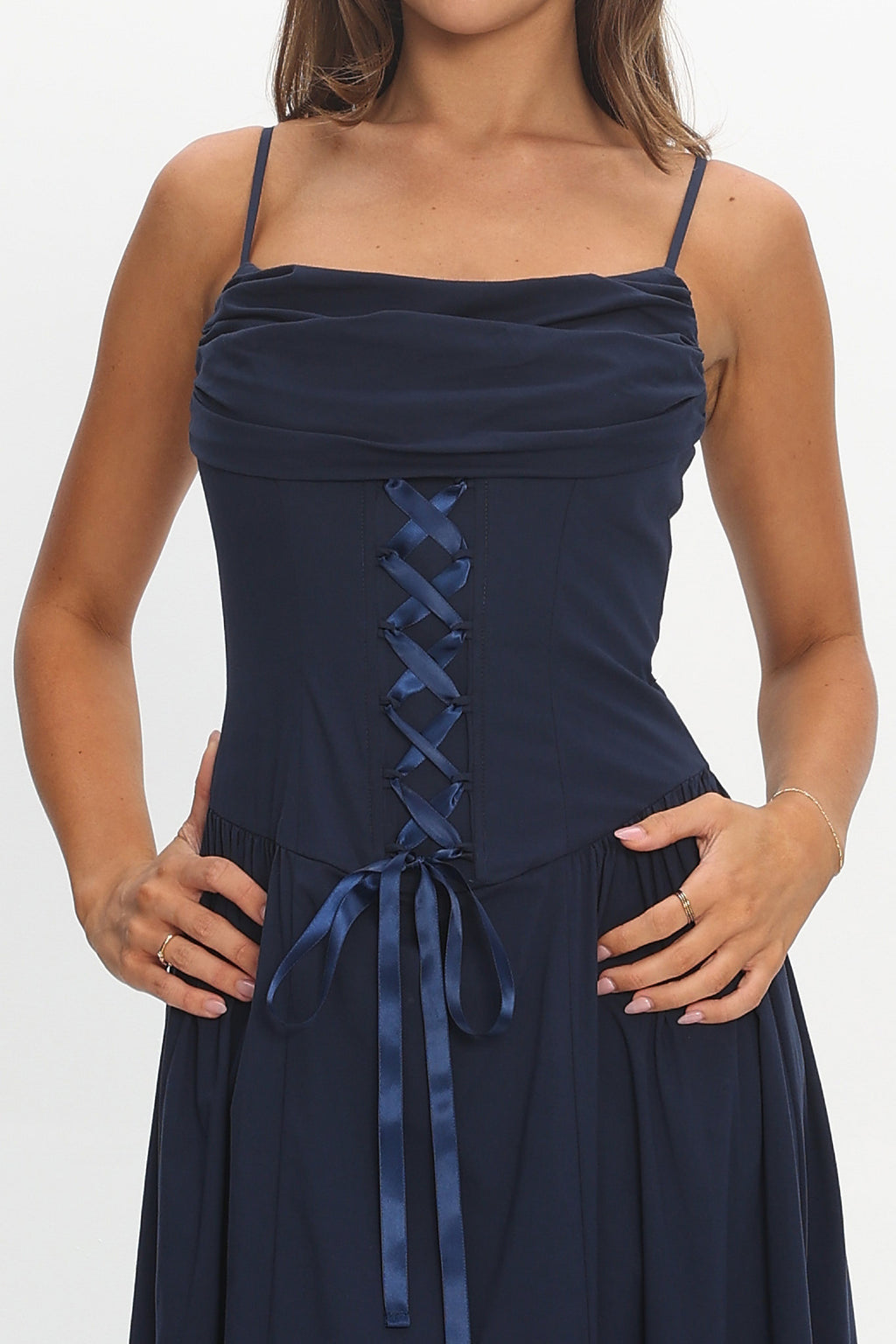 Waiting On Me Lace-Up Bodice Maxi Dress Navy