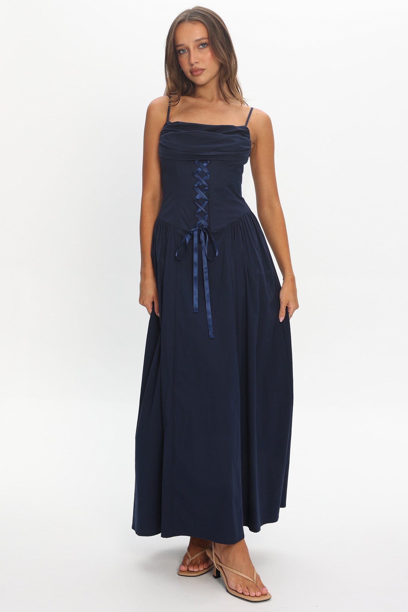 Waiting On Me Lace-Up Bodice Maxi Dress Navy