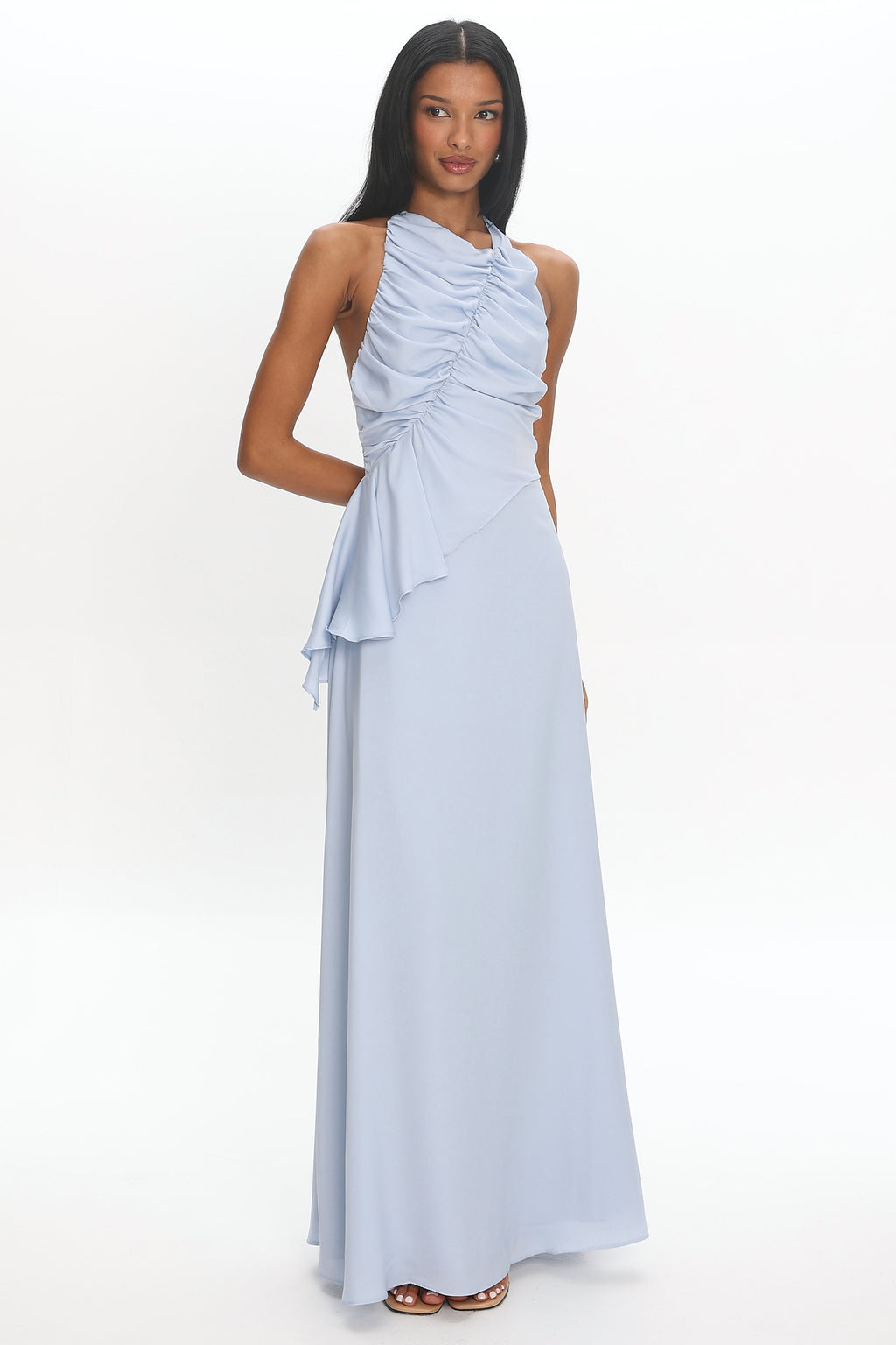 Genelyn Ruched Halter Maxi Dress Blue
