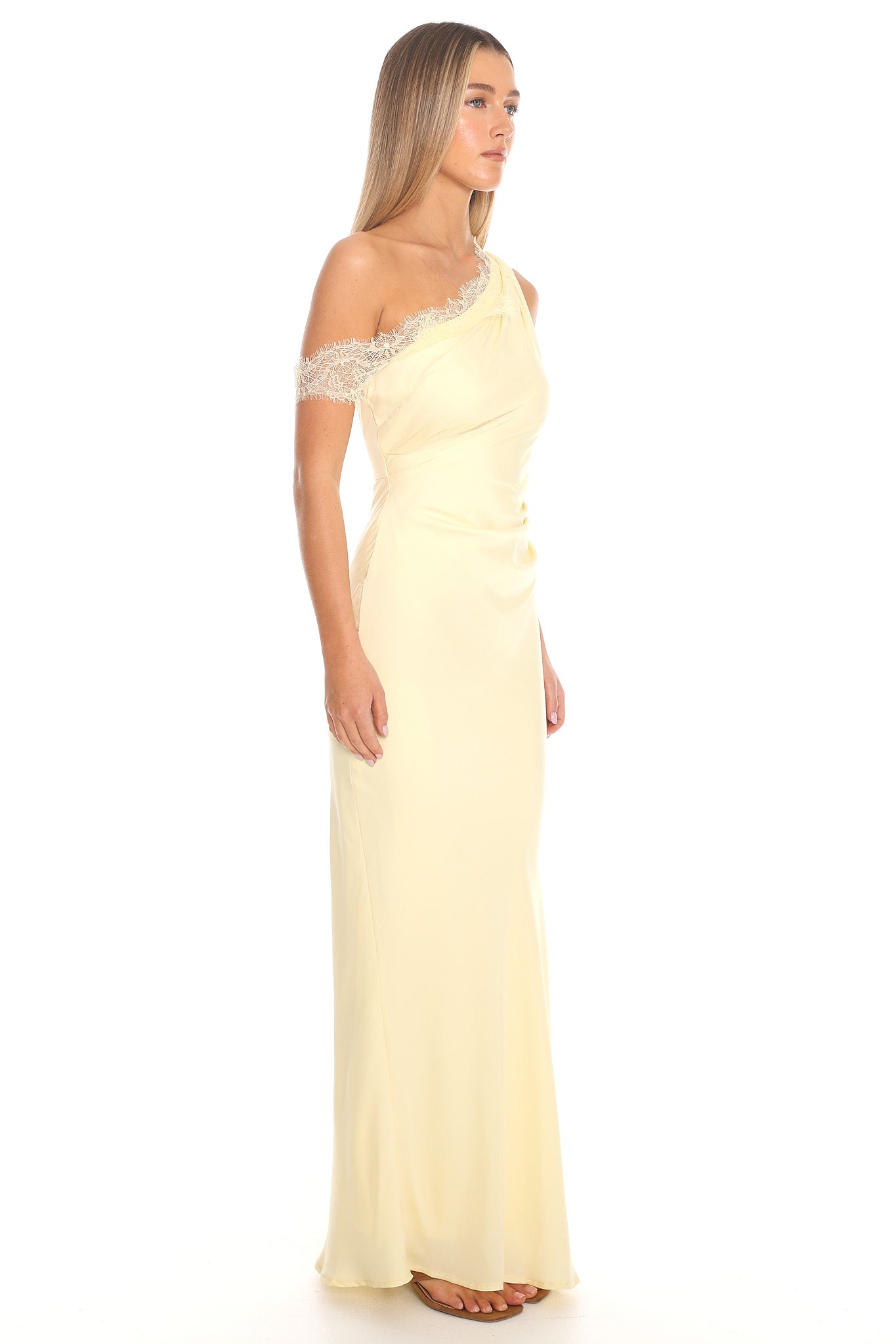 Lemon Grove One Shoulder Lace Trim Maxi Dress Butter