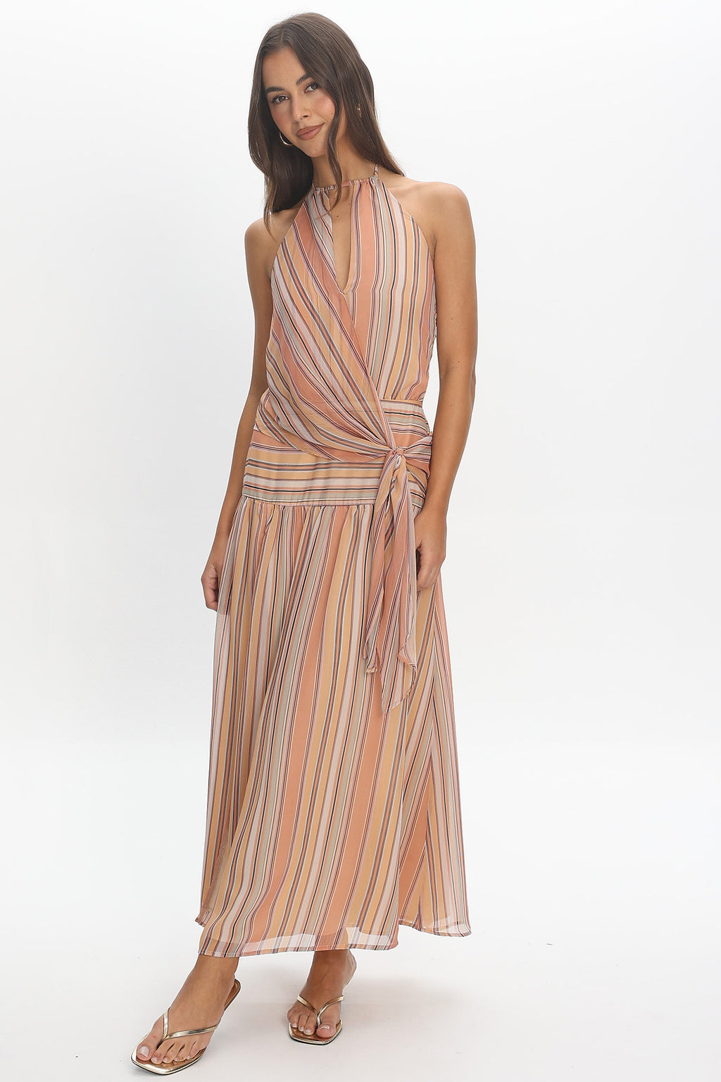 Indigo Morning Tied Back Maxi Dress Stripe Sunset