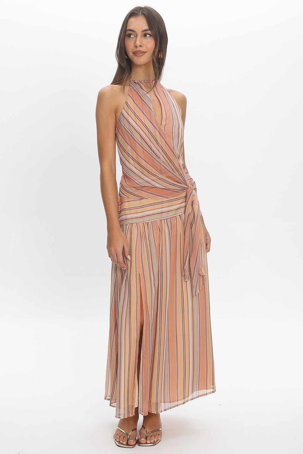 Indigo Morning Tied Back Maxi Dress Stripe Sunset