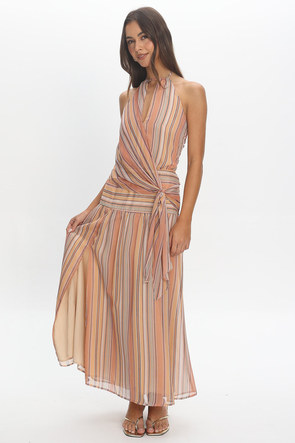 Indigo Morning Tied Back Maxi Dress Stripe Sunset