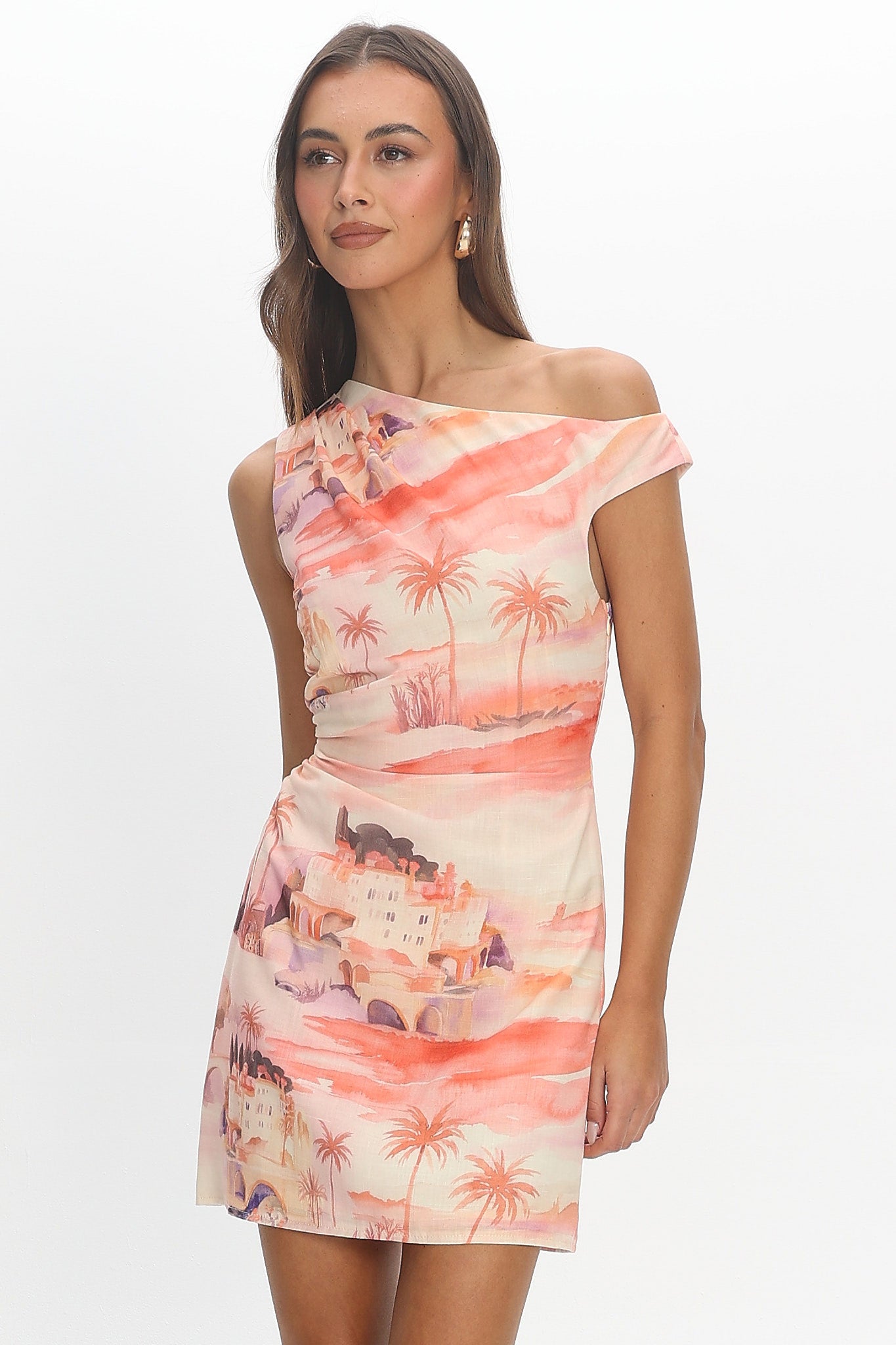 Heaven Darling Asymmetric Neckline Mini Dress Print Blush