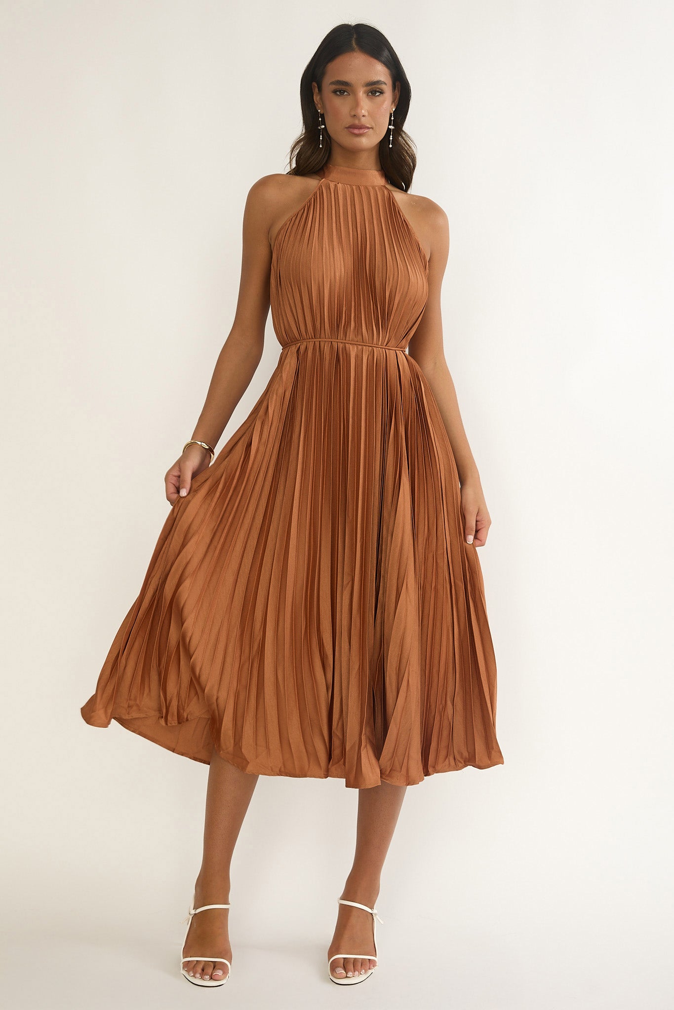 Sharaya Accordion Pleat Midi Dress Mocha by Selfie Leslie