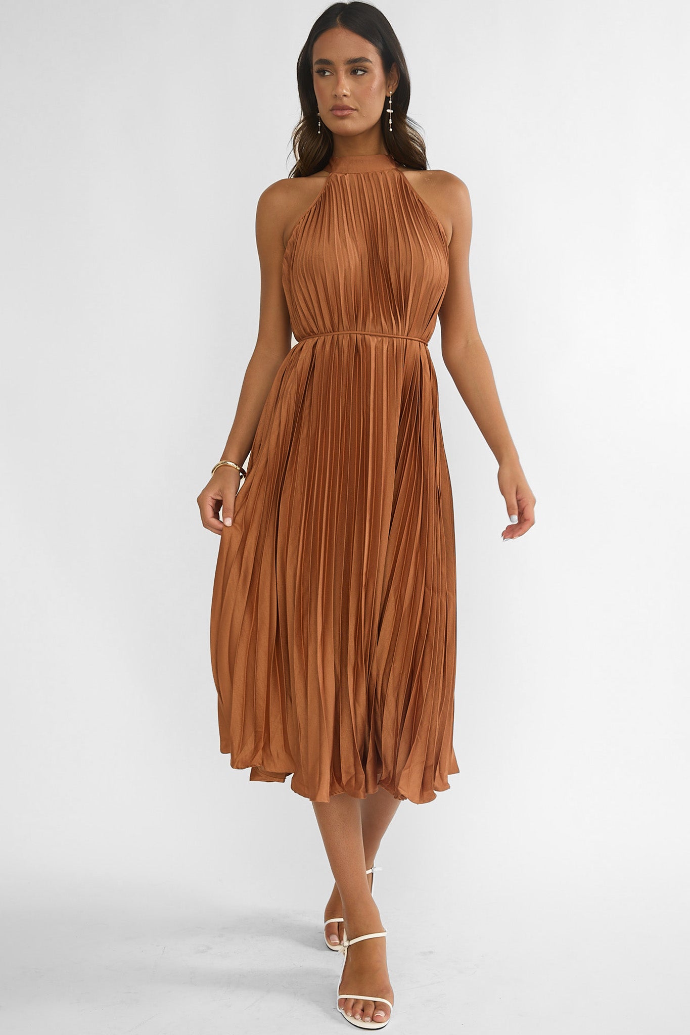Sharaya Accordion Pleat Midi Dress Mocha by Selfie Leslie