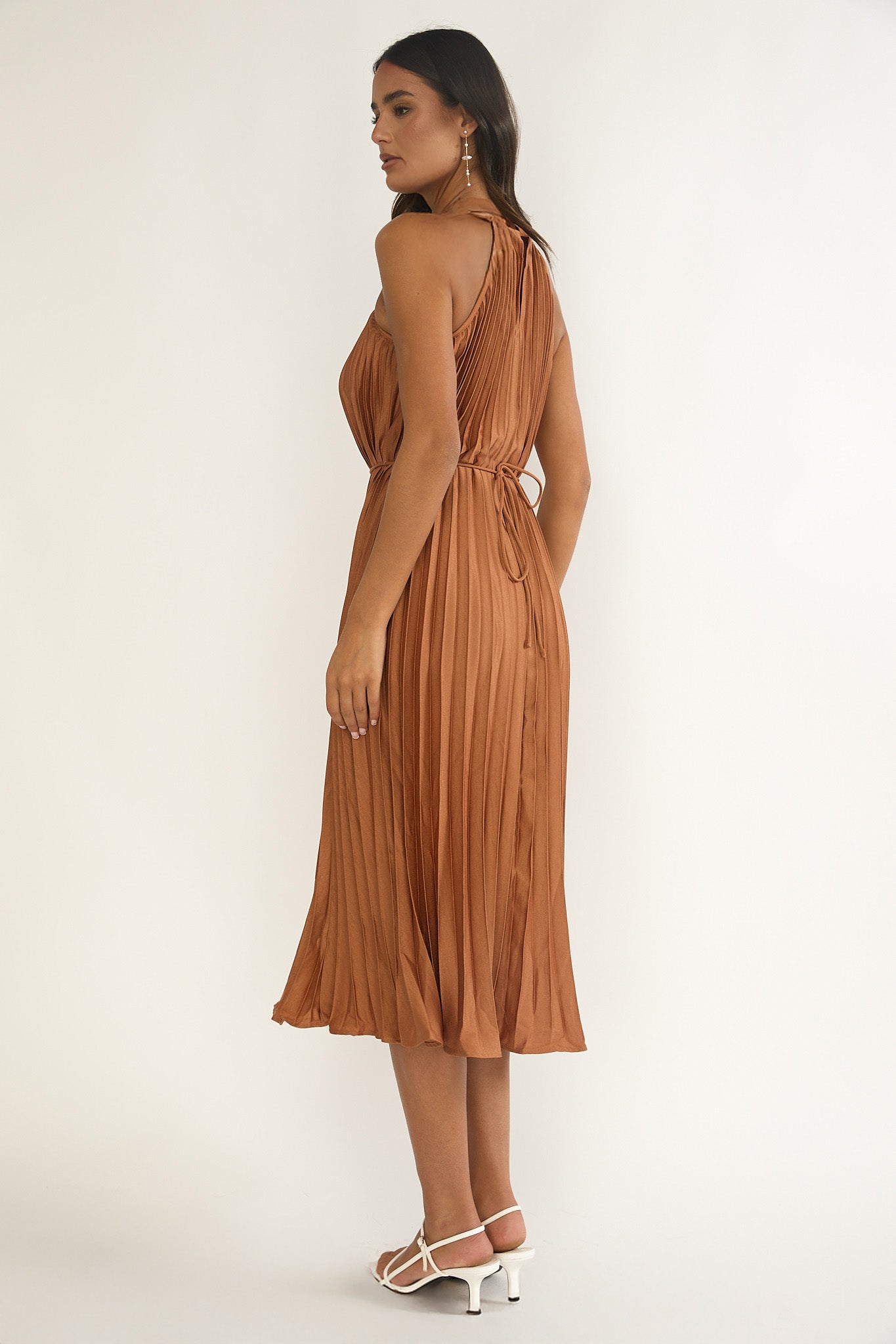 Sharaya Accordion Pleat Midi Dress Mocha by Selfie Leslie
