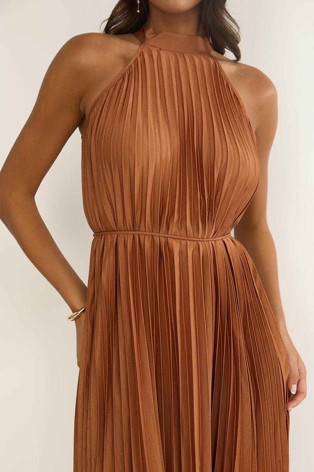 Sharaya Accordion Pleat Midi Dress Mocha by Selfie Leslie