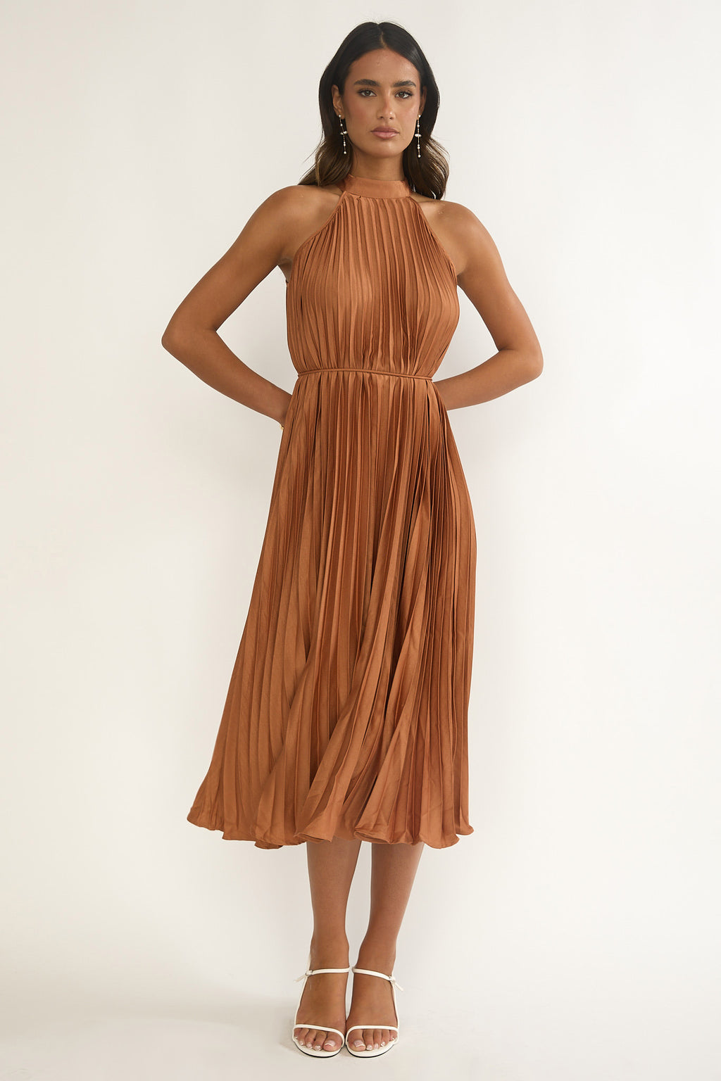 Sharaya Accordion Pleat Midi Dress Mocha by Selfie Leslie