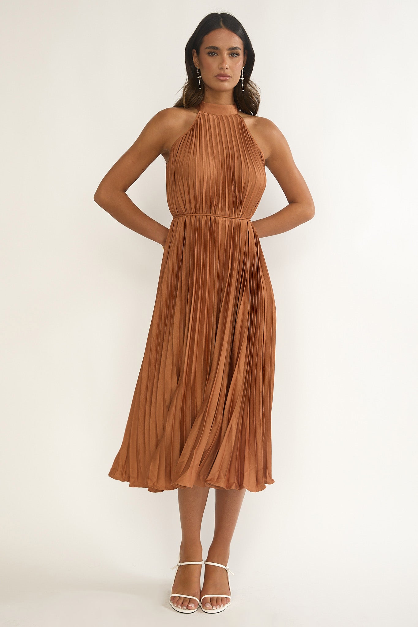Sharaya Accordion Pleat Midi Dress Mocha by Selfie Leslie