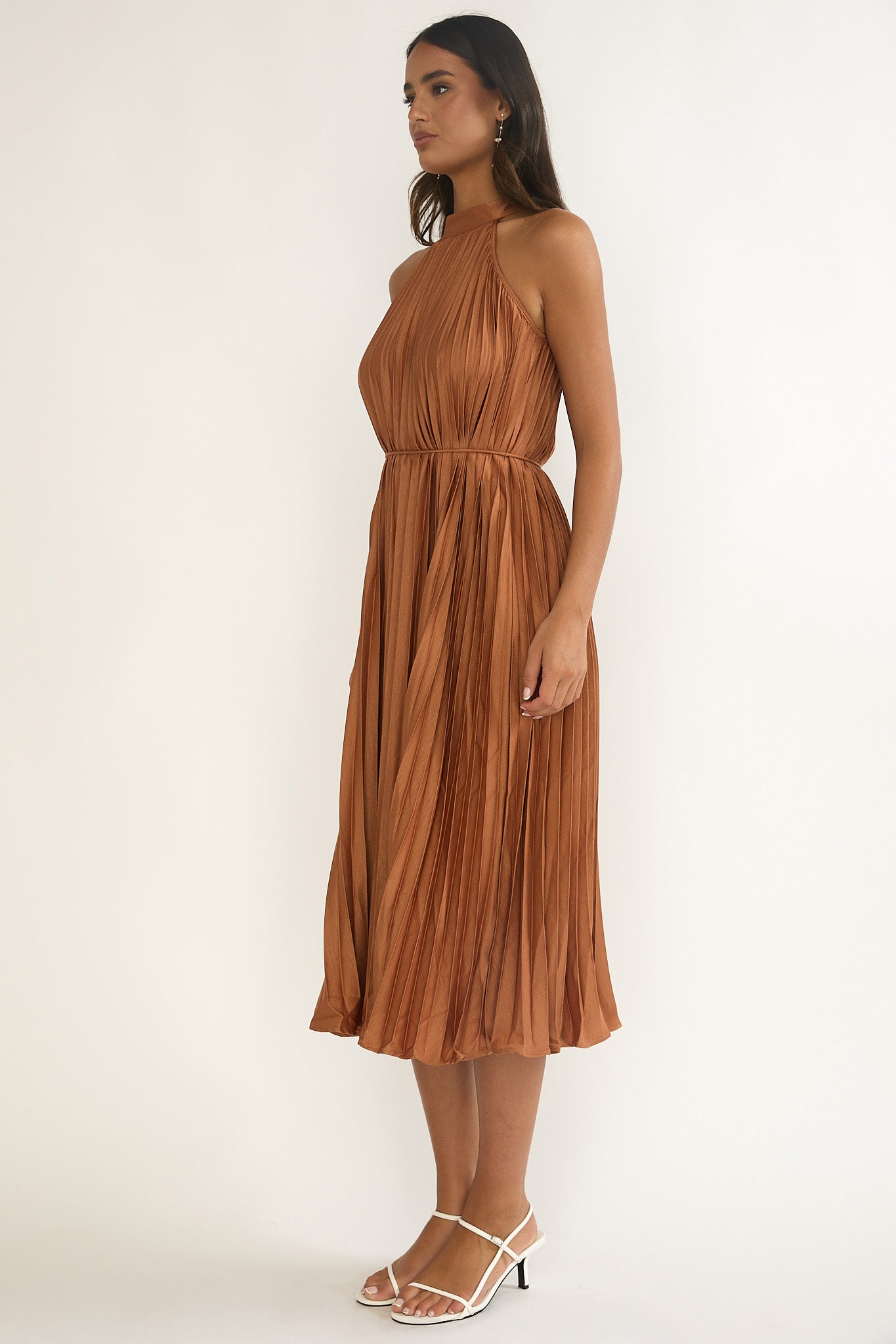 Sharaya Accordion Pleat Midi Dress Mocha by Selfie Leslie