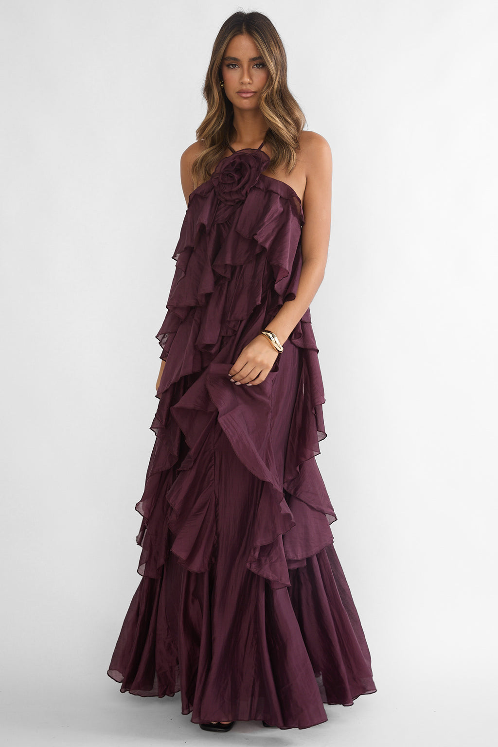 Secret Rendezvous Layered Ruffle Maxi Dress Maroon by Selfie Leslie