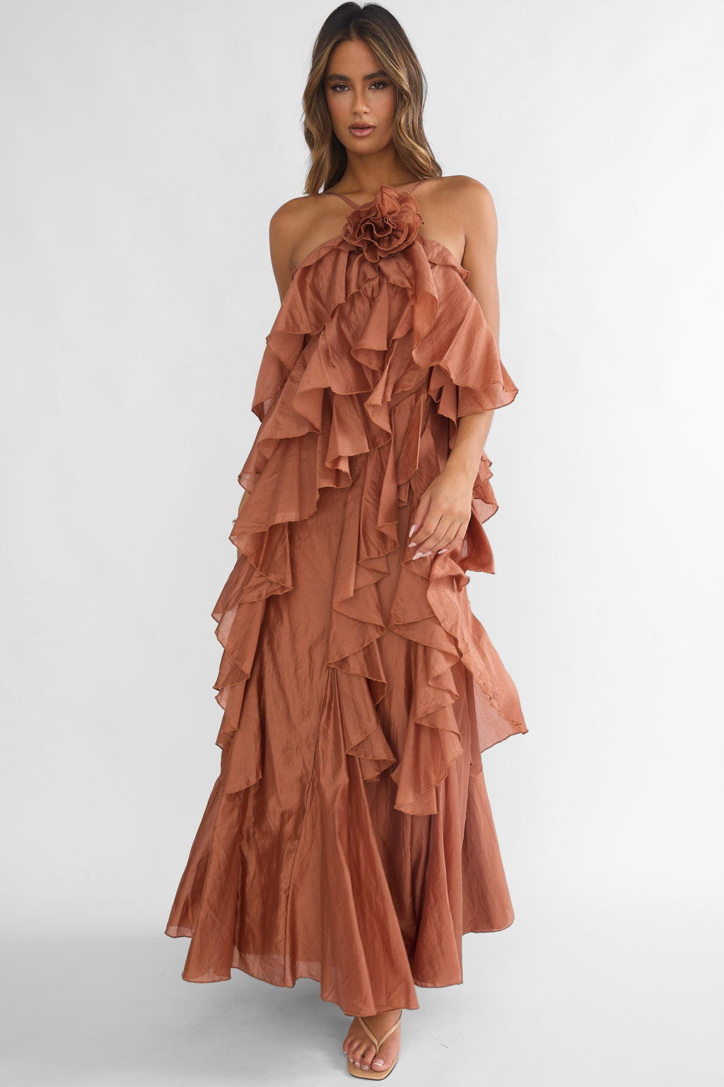 Secret Rendezvous Layered Ruffle Maxi Dress Rust by Selfie Leslie