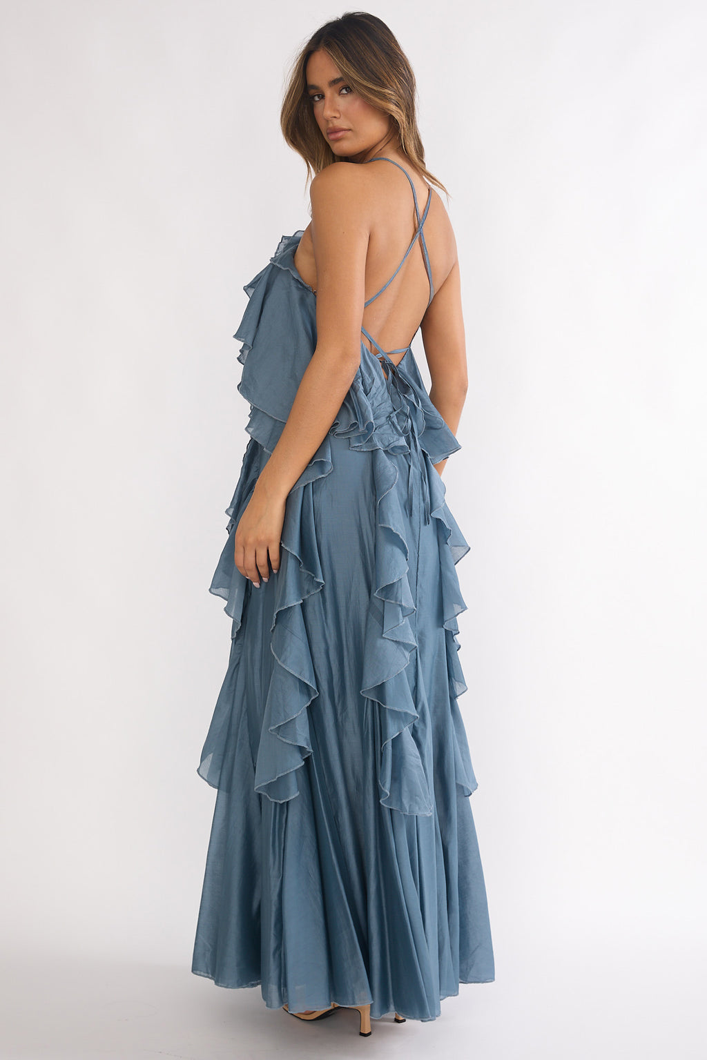 Oceara Ruffle Trim Spaghetti Strap Maxi Dress Slate Blue by Selfie Leslie
