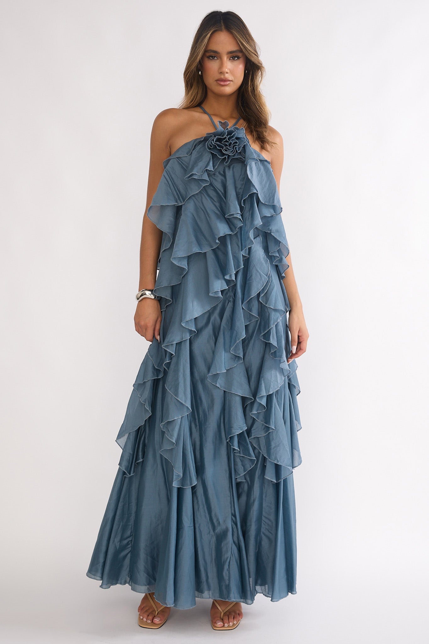 Oceara Ruffle Trim Spaghetti Strap Maxi Dress Slate Blue by Selfie Leslie
