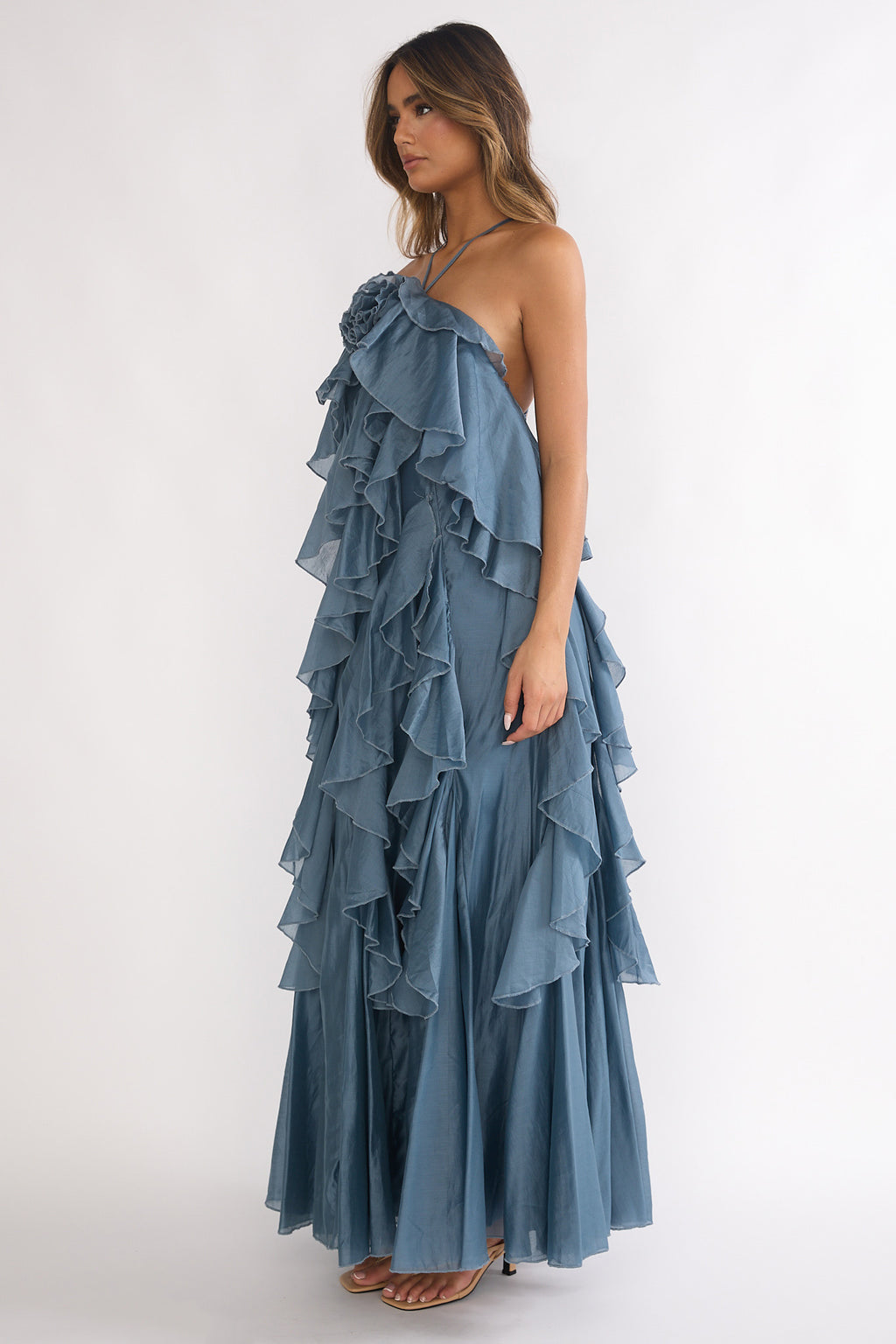 Oceara Ruffle Trim Spaghetti Strap Maxi Dress Slate Blue by Selfie Leslie