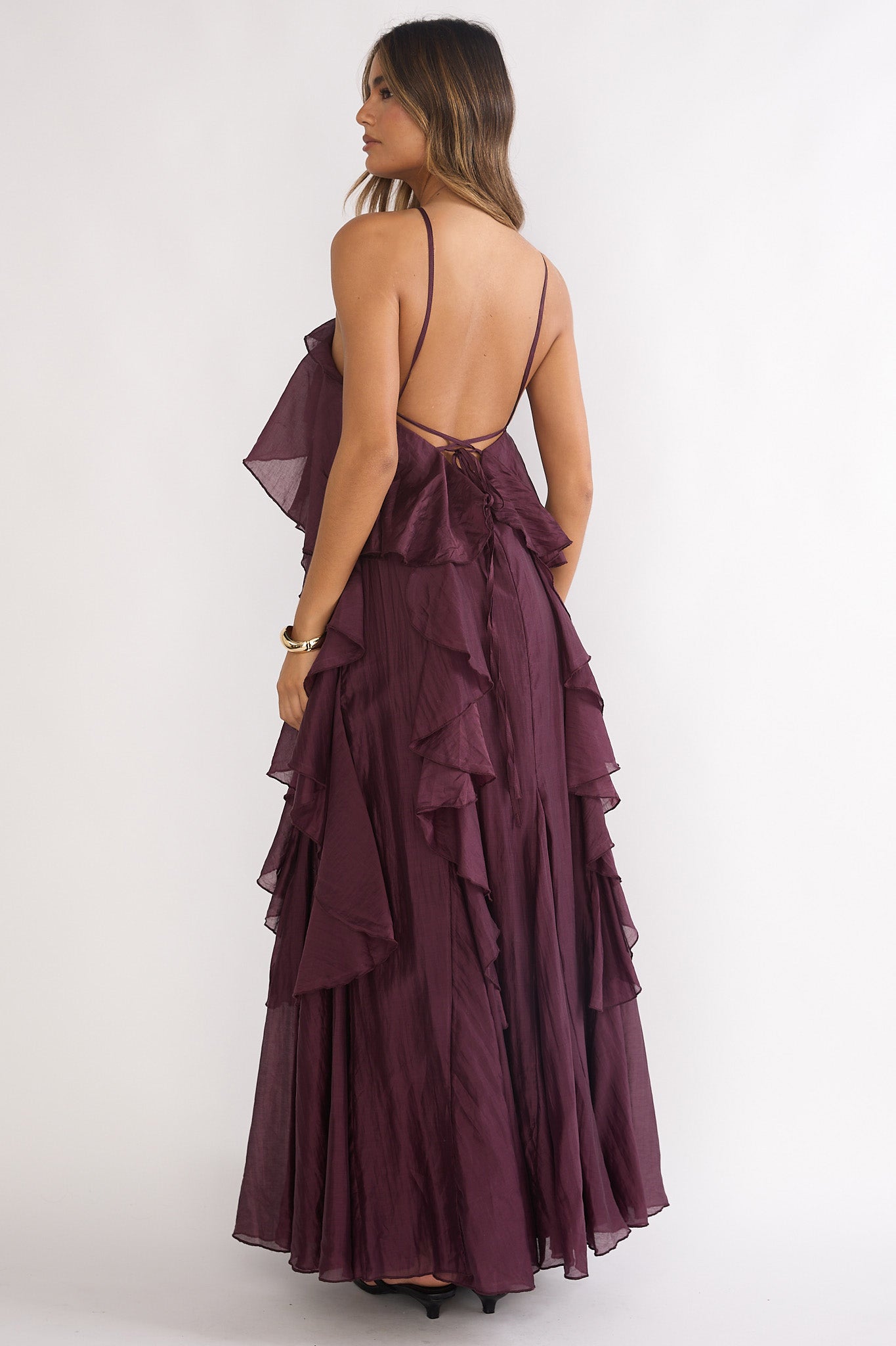 maroon purple dress Secret Rendezvous Layered Ruffle Maxi Dress Maroon