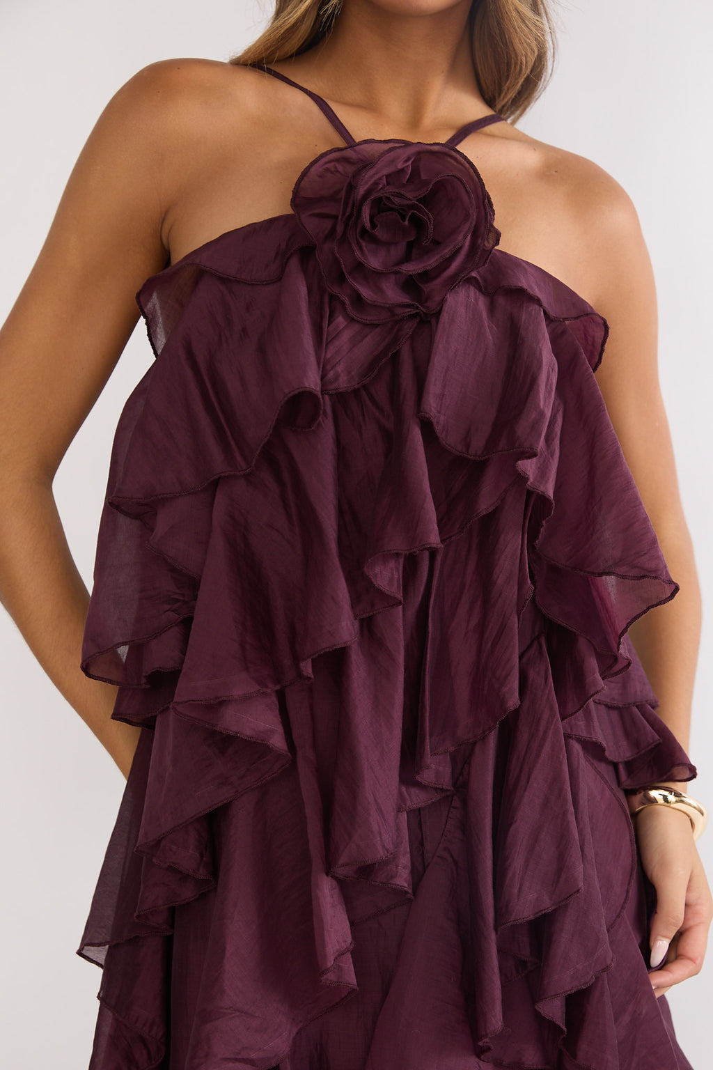 Secret Rendezvous Layered Ruffle Maxi Dress Maroon by Selfie Leslie