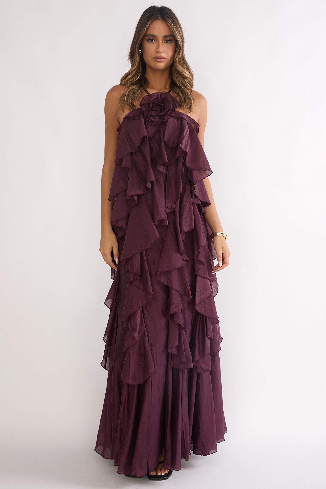 Secret Rendezvous Layered Ruffle Maxi Dress Maroon by Selfie Leslie