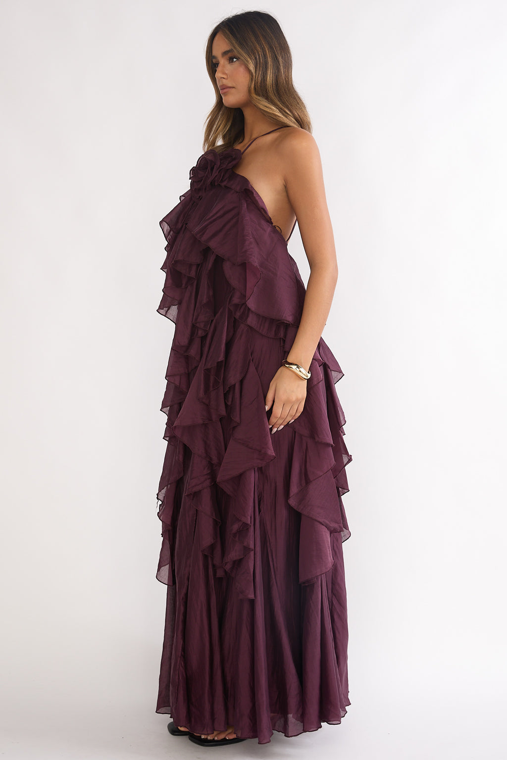 Secret Rendezvous Layered Ruffle Maxi Dress Maroon by Selfie Leslie