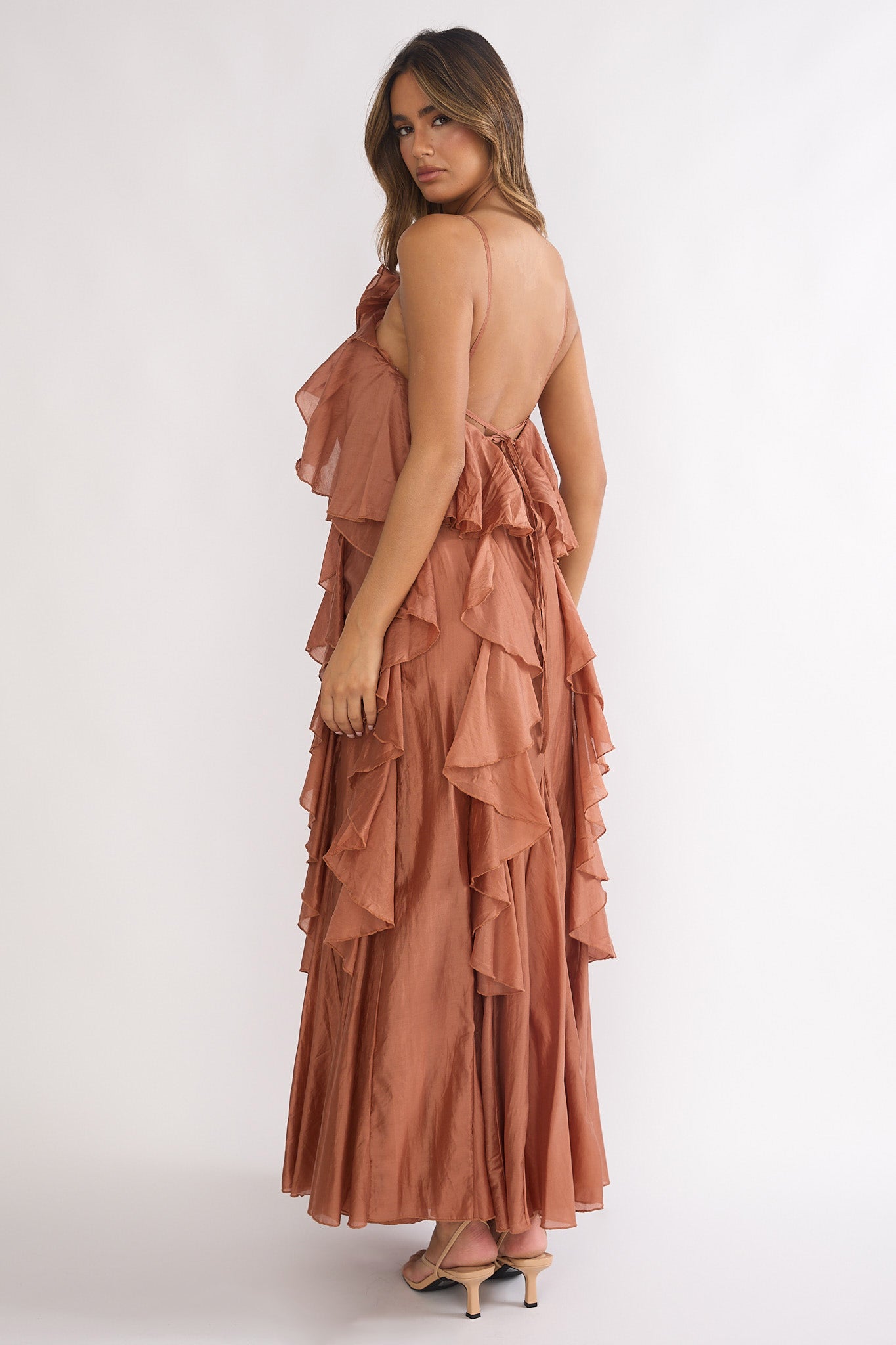 Secret Rendezvous Layered Ruffle Maxi Dress Rust Secret Rendezvous Layered Ruffle Maxi Dress Rust