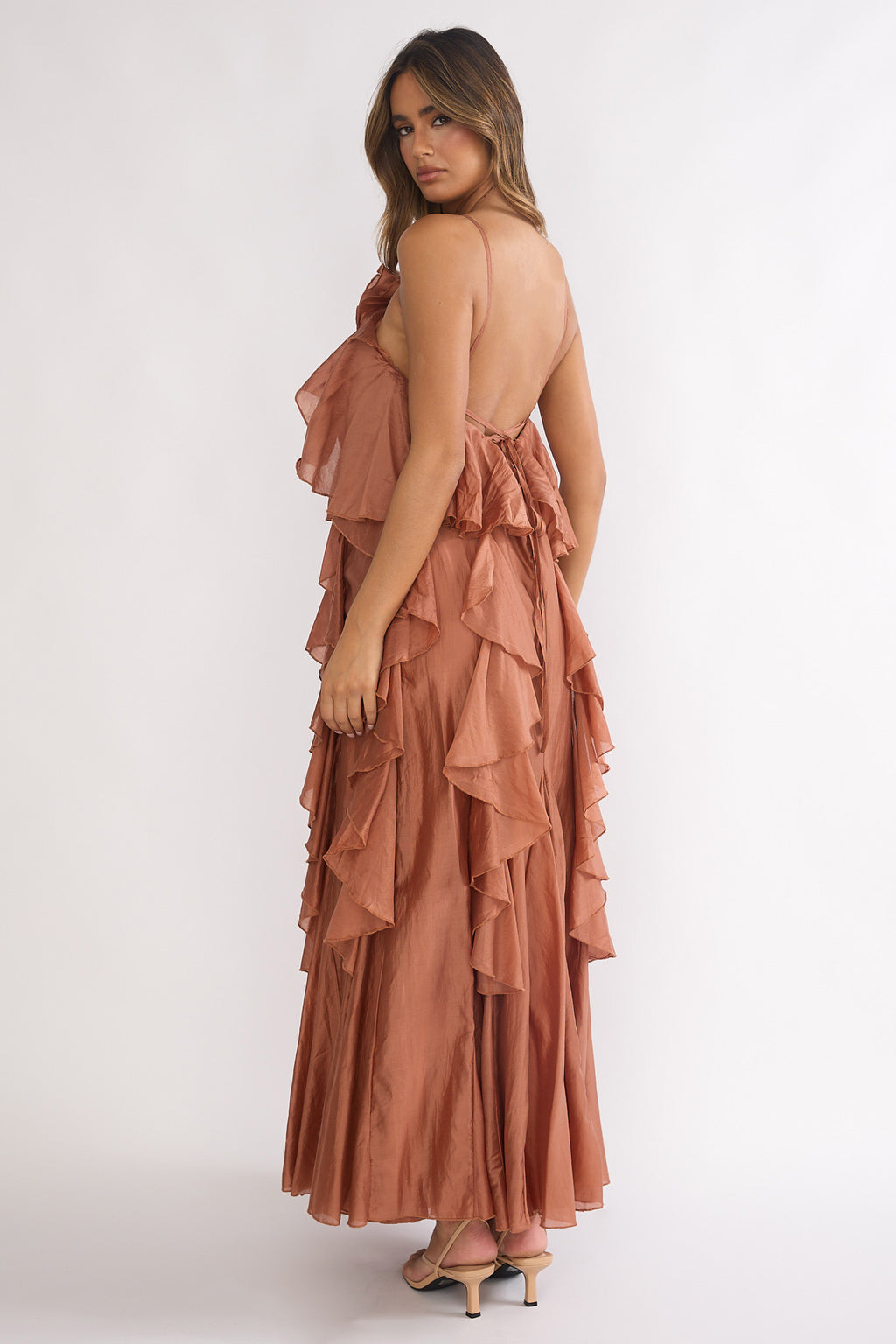 Secret Rendezvous Layered Ruffle Maxi Dress Rust by Selfie Leslie