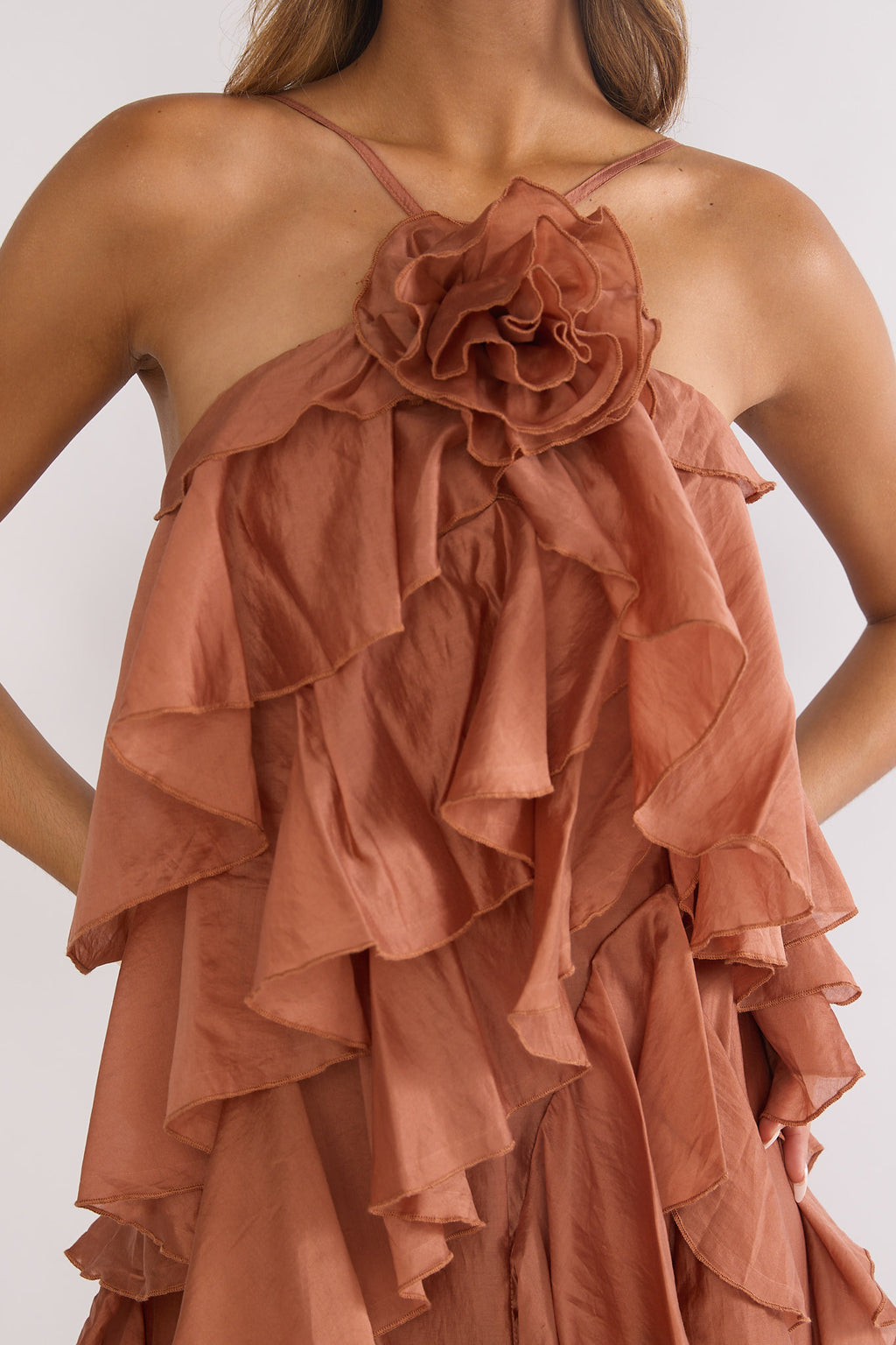 Secret Rendezvous Layered Ruffle Maxi Dress Rust by Selfie Leslie