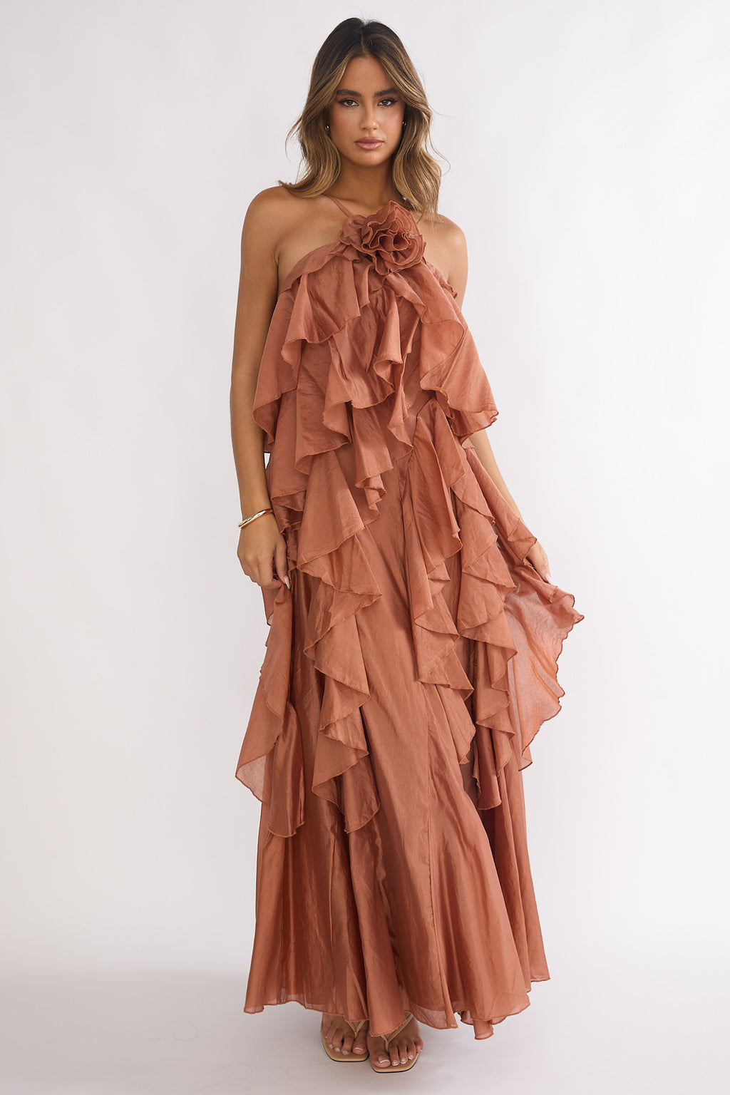 Secret Rendezvous Layered Ruffle Maxi Dress Rust by Selfie Leslie