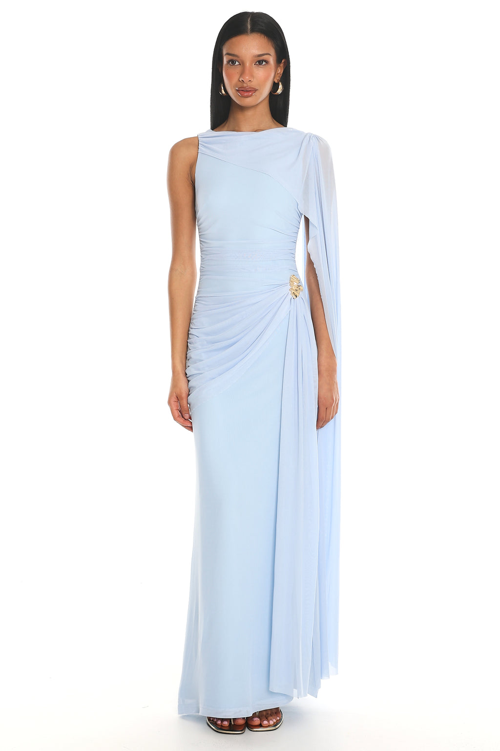 Athena Draped Cape Maxi Dress Blue