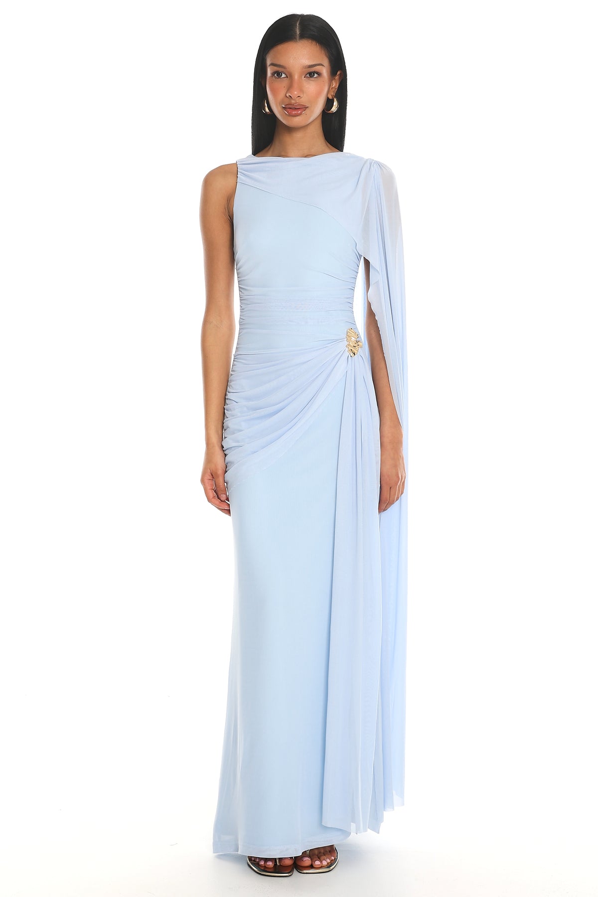 Athena Draped Cape Maxi Dress Blue