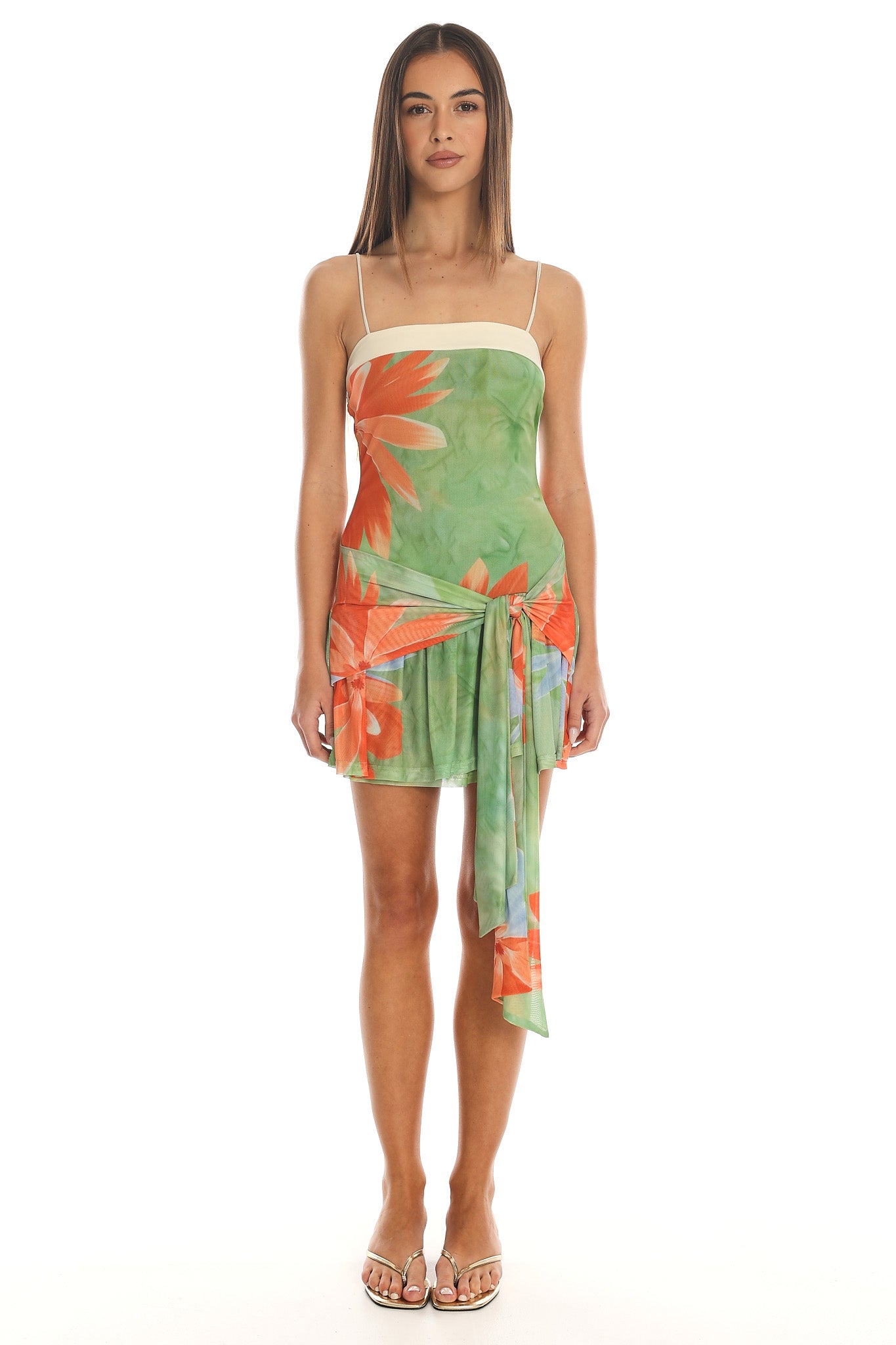 Tropic Fever Wrap-Tie Mesh Mini Dress Orange