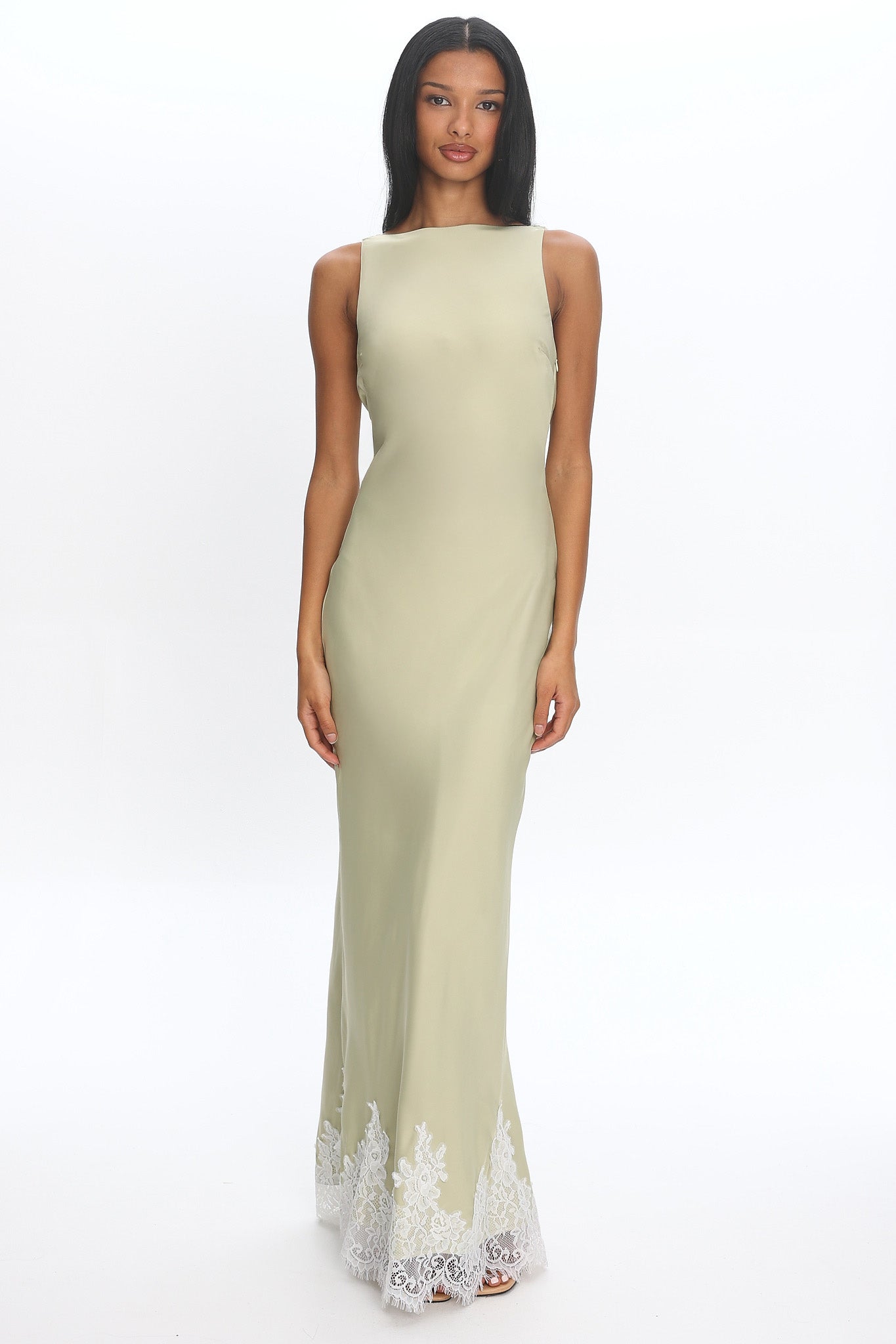 Bedouin Cowl-Back Lace-Hem Gown Matcha