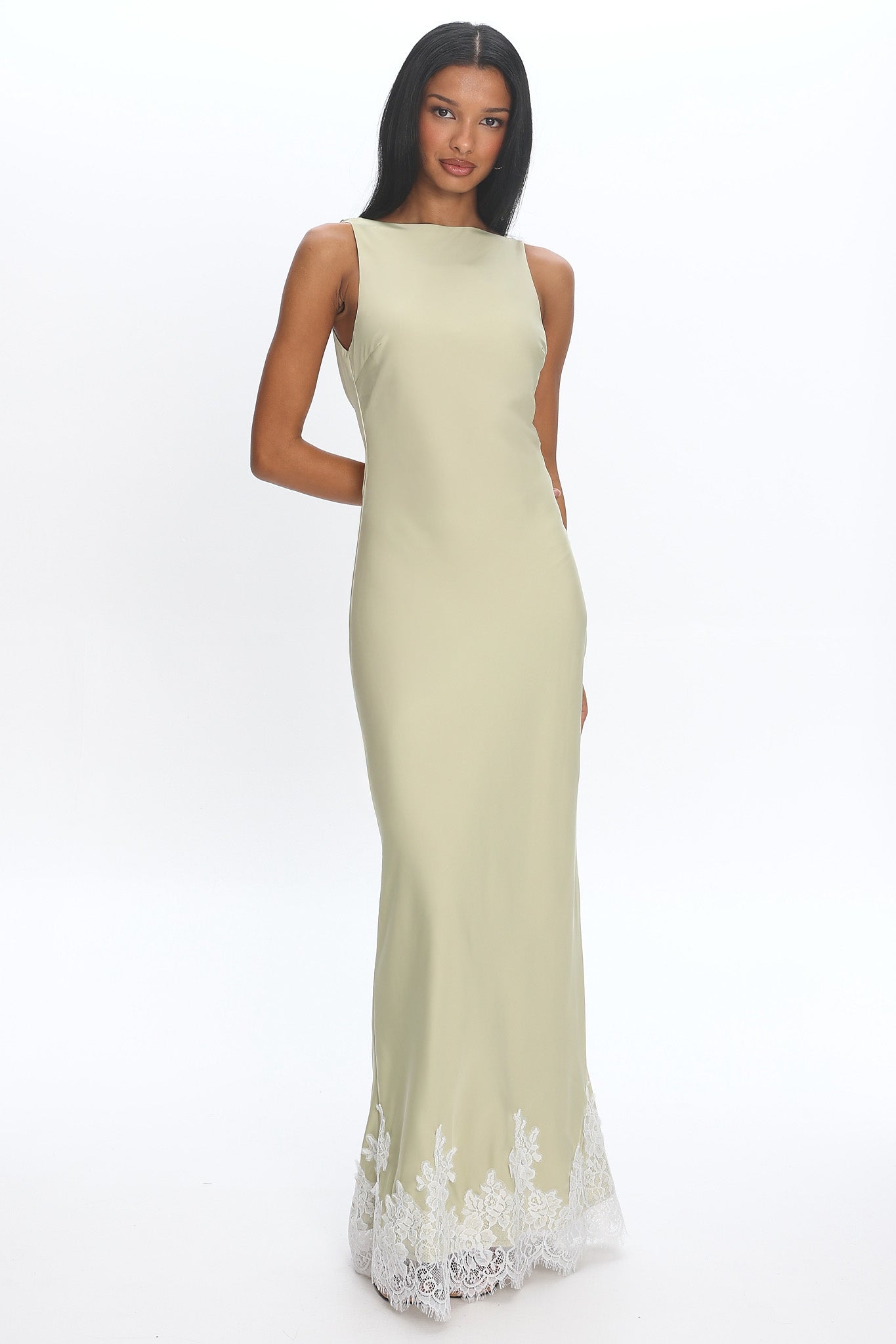 Shop the Bedouin Cowl-Back Lace-Hem Gown Matcha