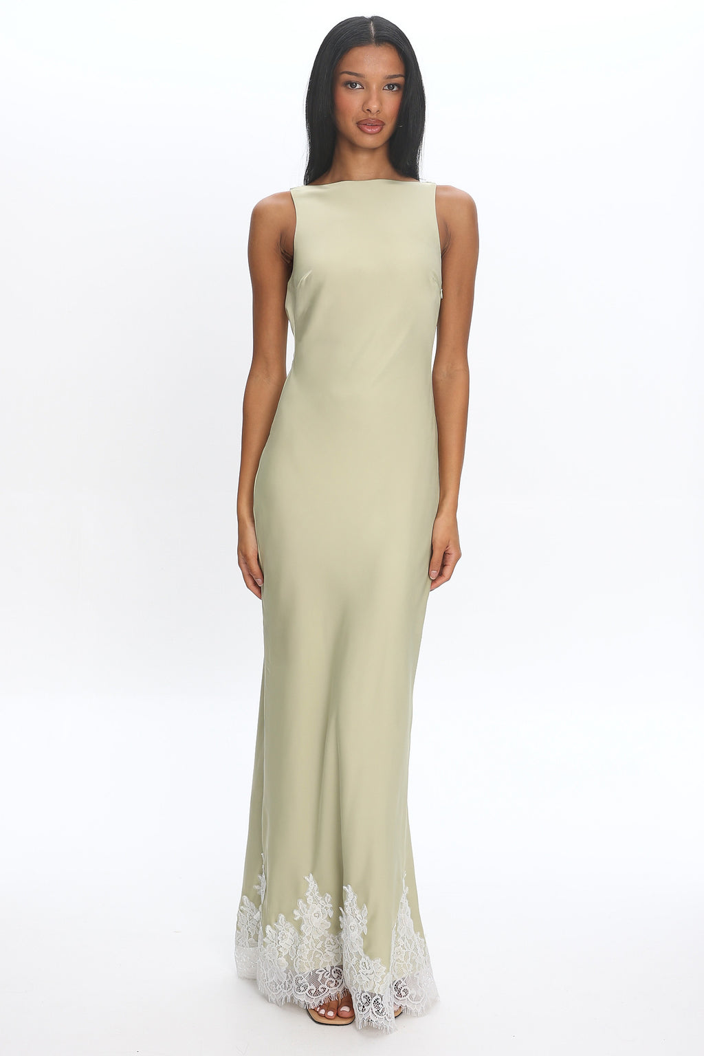 Bedouin Cowl-Back Lace-Hem Gown Matcha