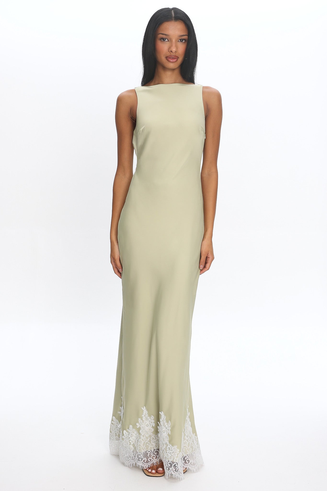 Bedouin Cowl-Back Lace-Hem Gown Matcha