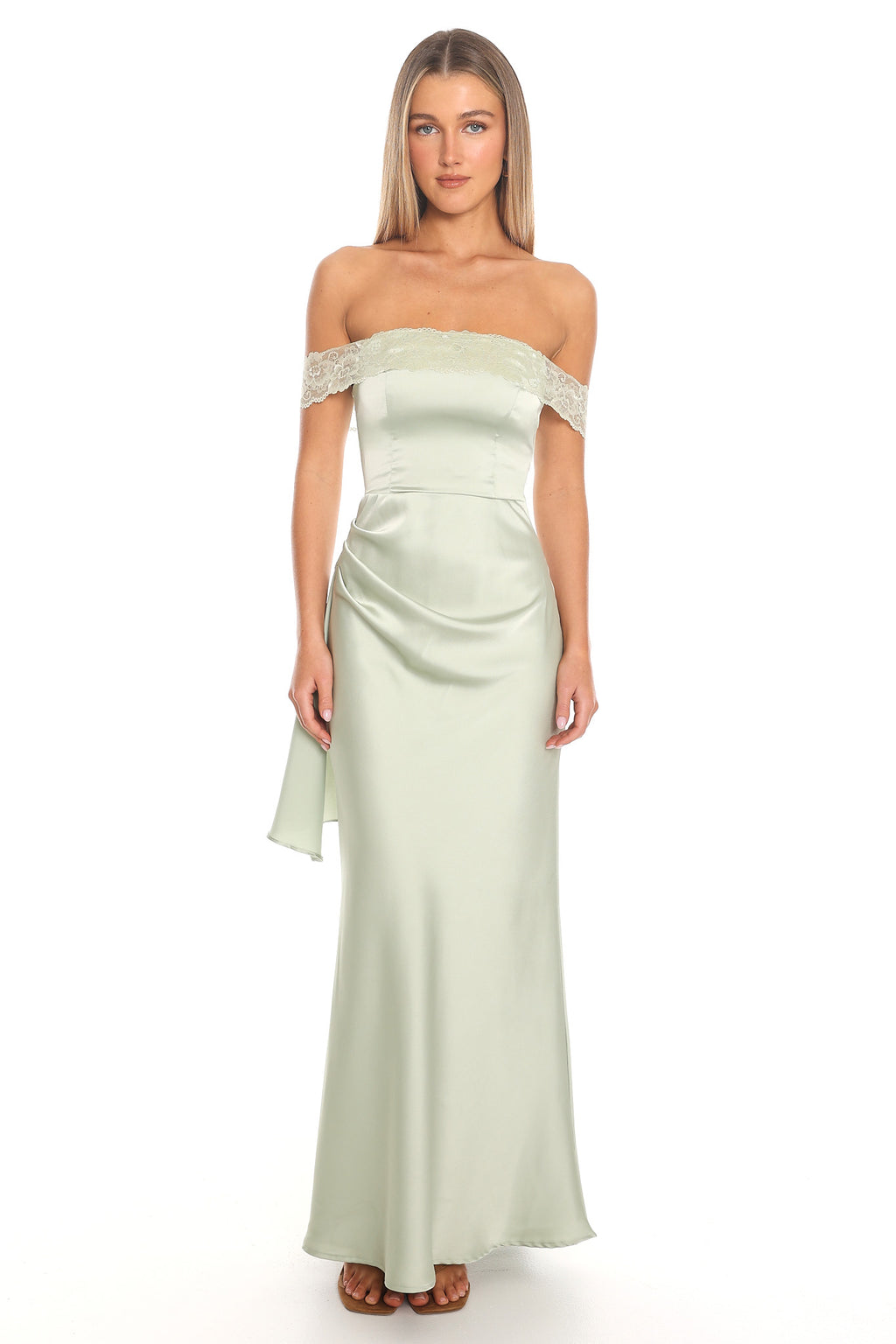 Solemn Vow Off-Shoulder Satin Gown Sage