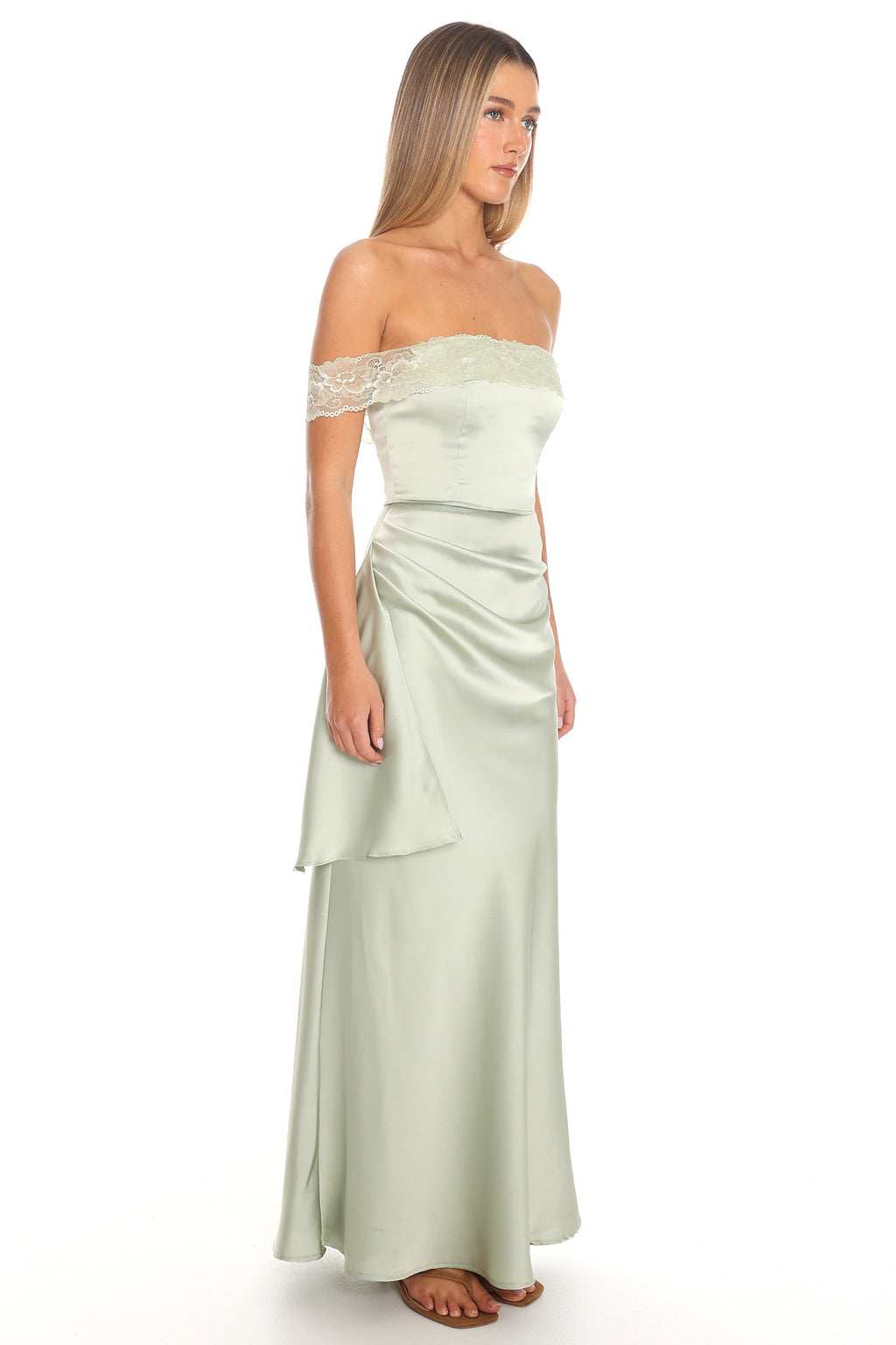 Solemn Vow Off-Shoulder Satin Gown Sage