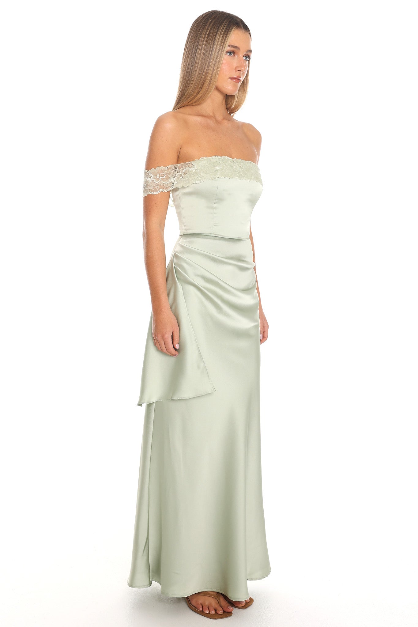 Solemn Vow Off-Shoulder Satin Gown Sage