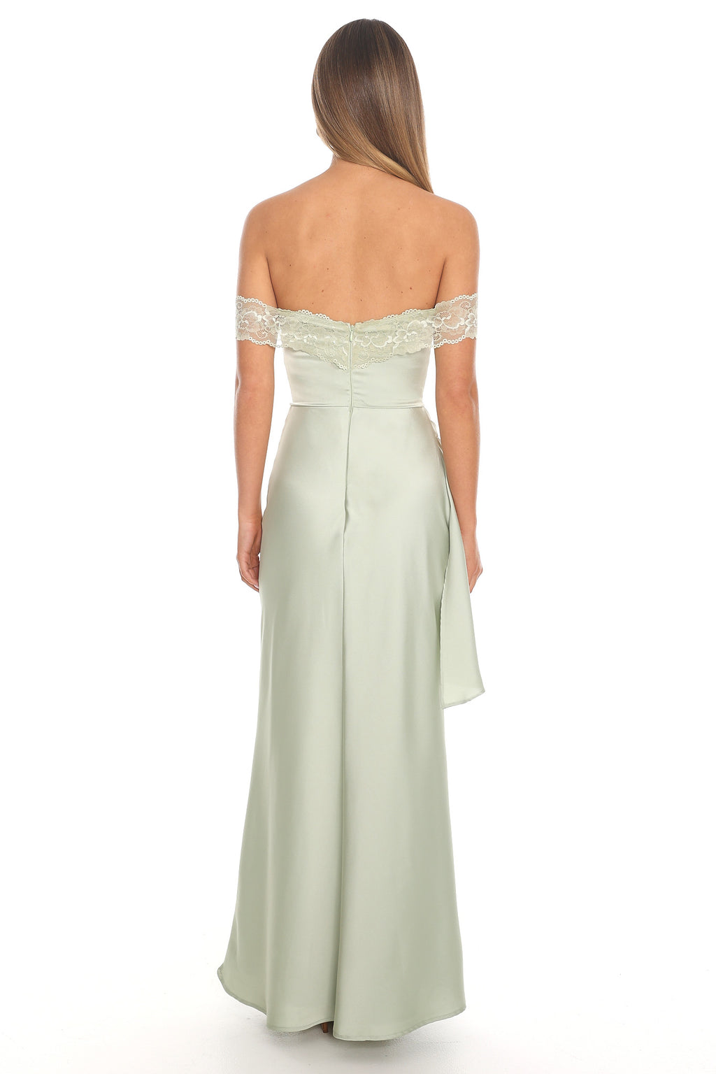 Solemn Vow Off-Shoulder Satin Gown Sage