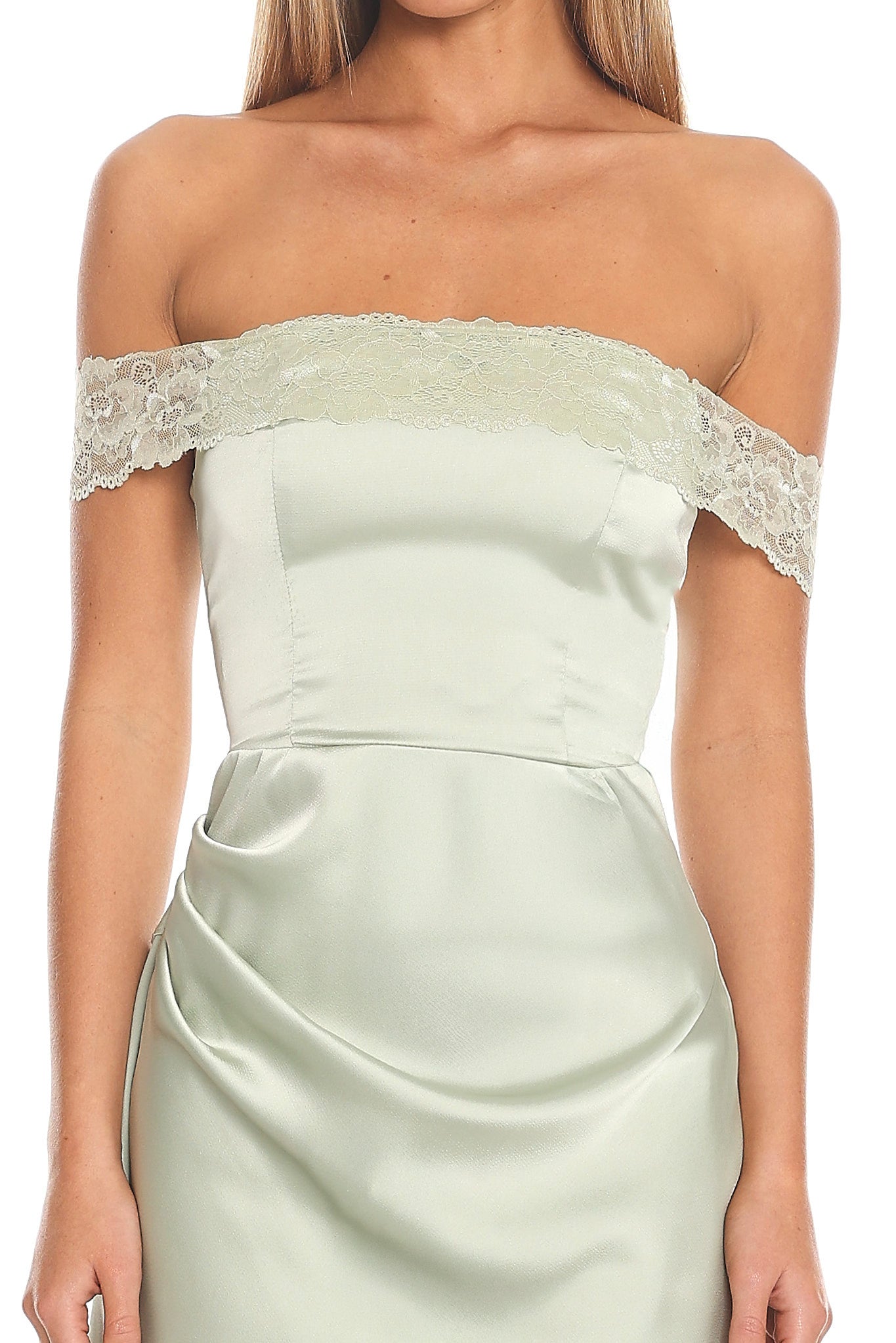 Solemn Vow Off-Shoulder Satin Gown Sage