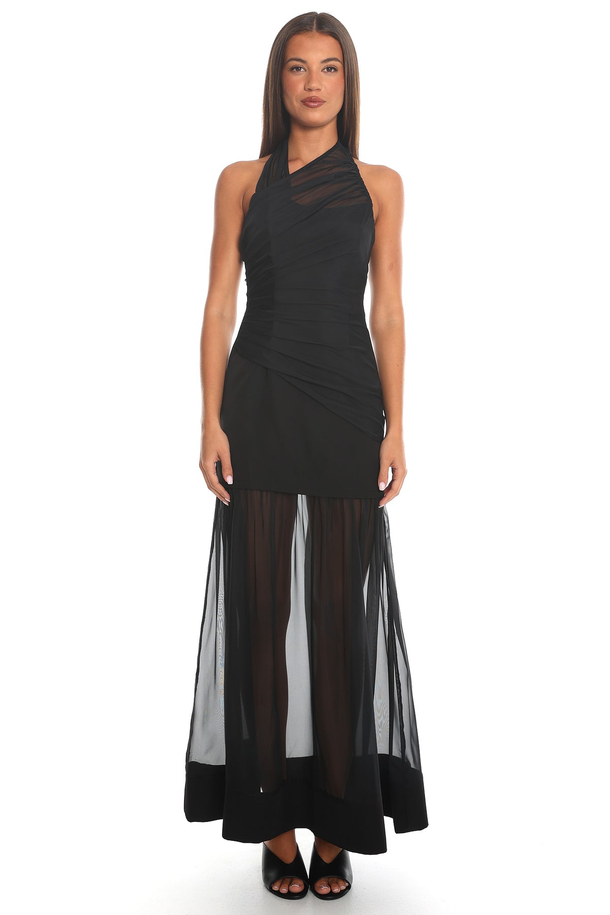 Midnight Confession Draped Mesh Maxi Dress Black
