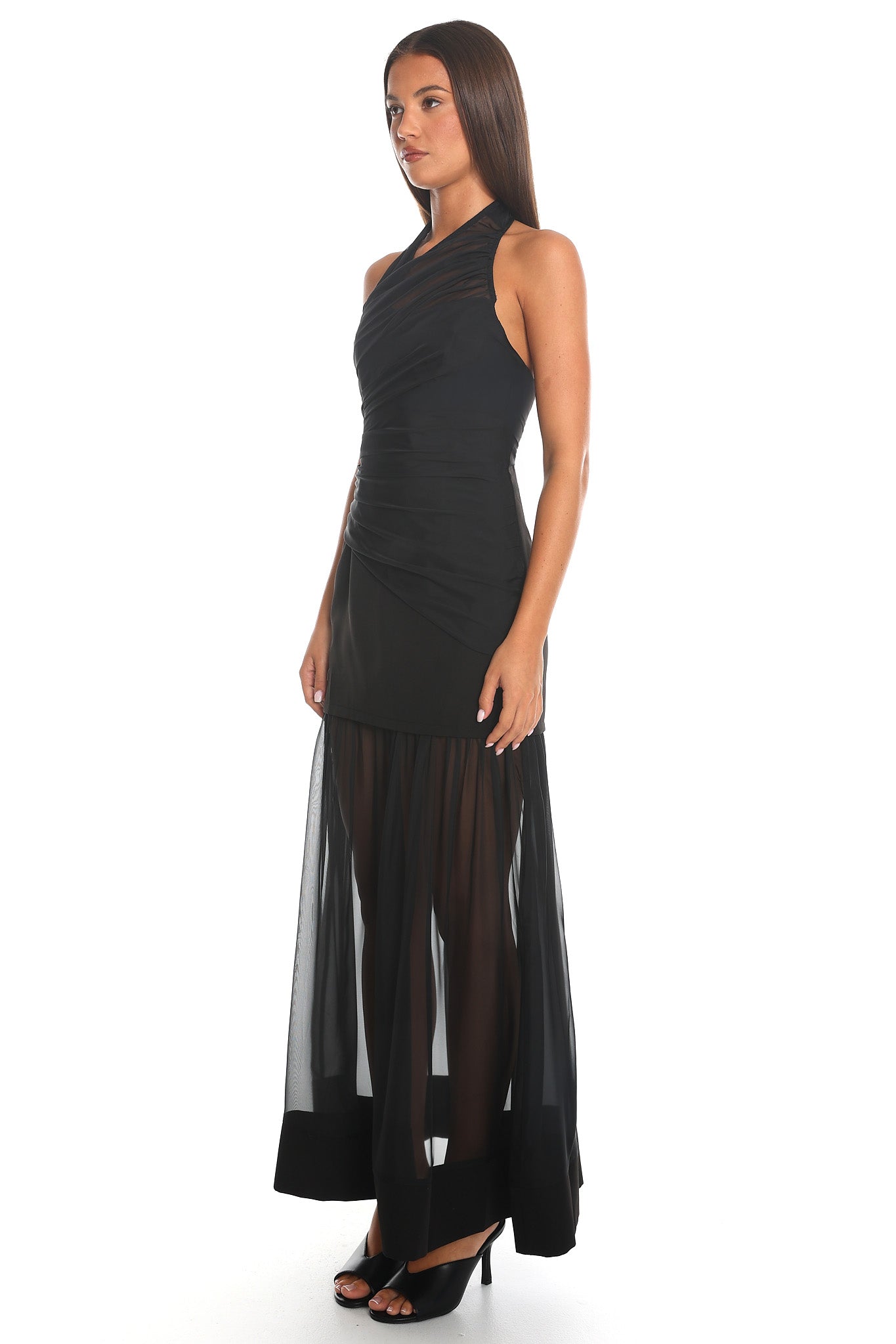 Midnight Confession Draped Mesh Maxi Dress Black