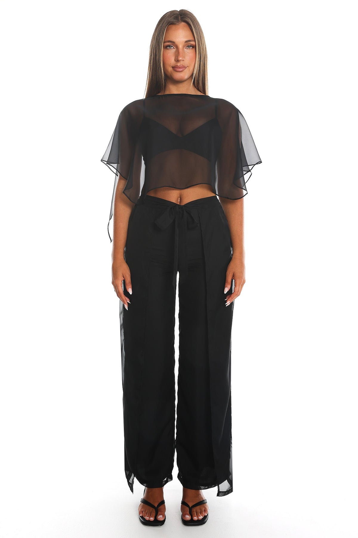Less is More Sheer Cape Sleeve Crop Top Black