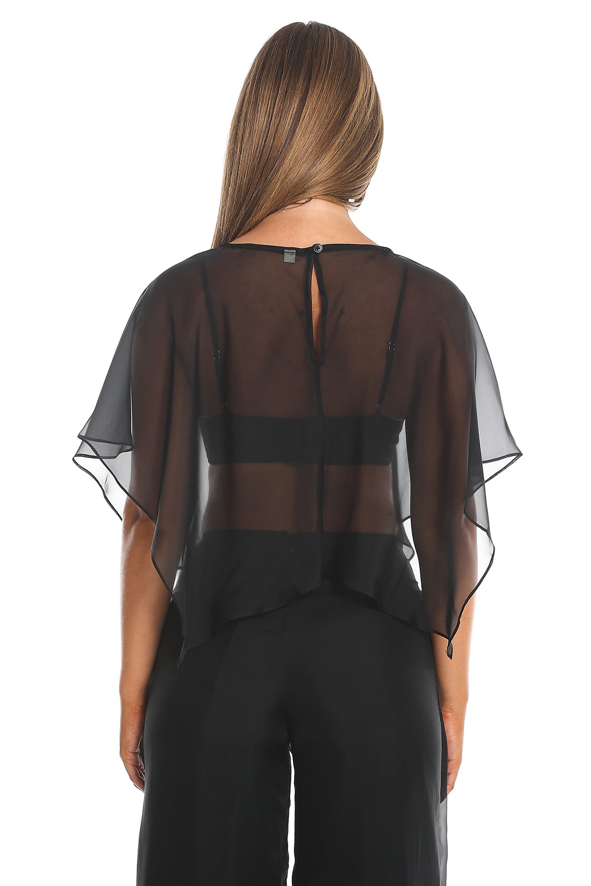 Less is More Sheer Cape Sleeve Crop Top Black