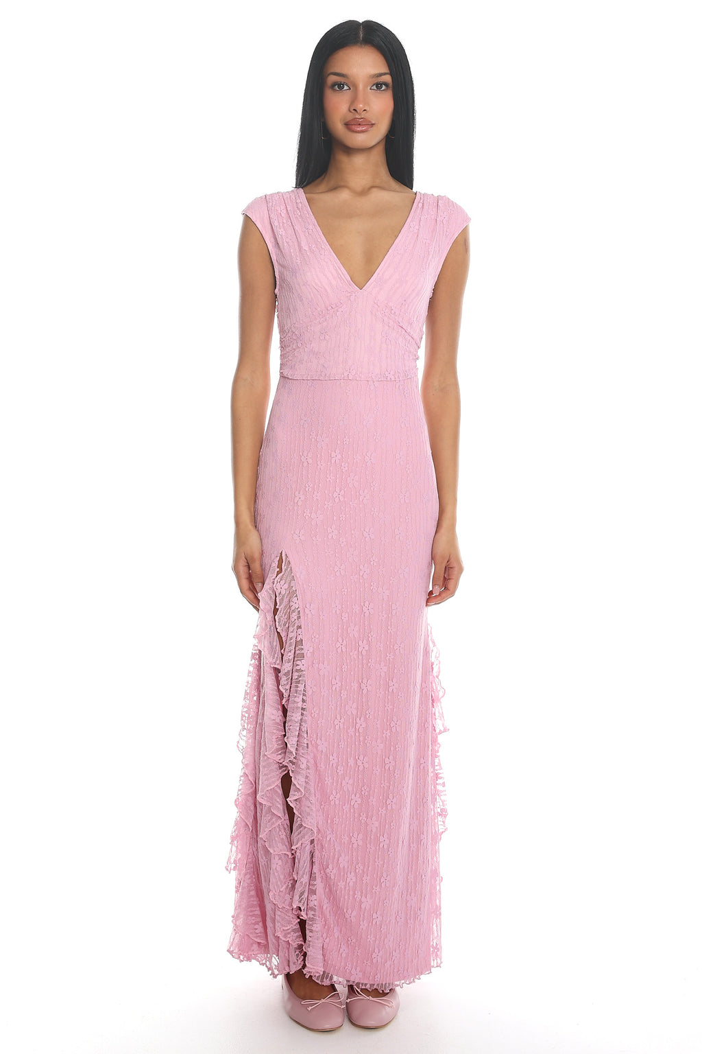Mood Exposure Lace Ruffle Slit Gown Pink