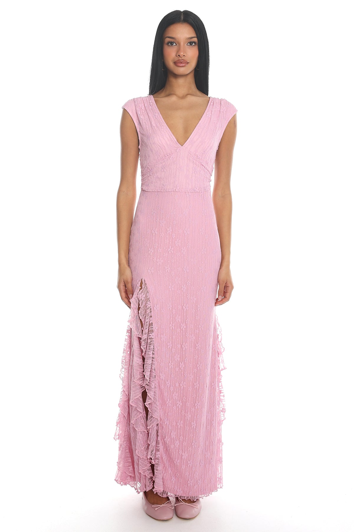 Mood Exposure Lace Ruffle Slit Gown Pink