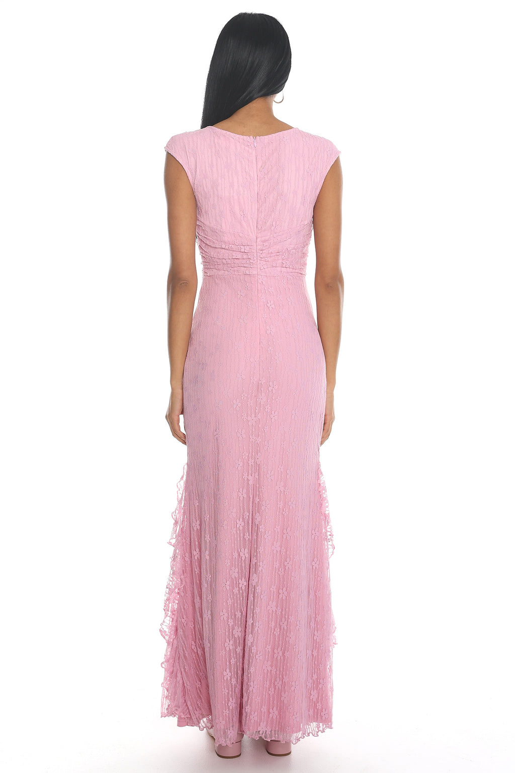 Mood Exposure Lace Ruffle Slit Gown Pink