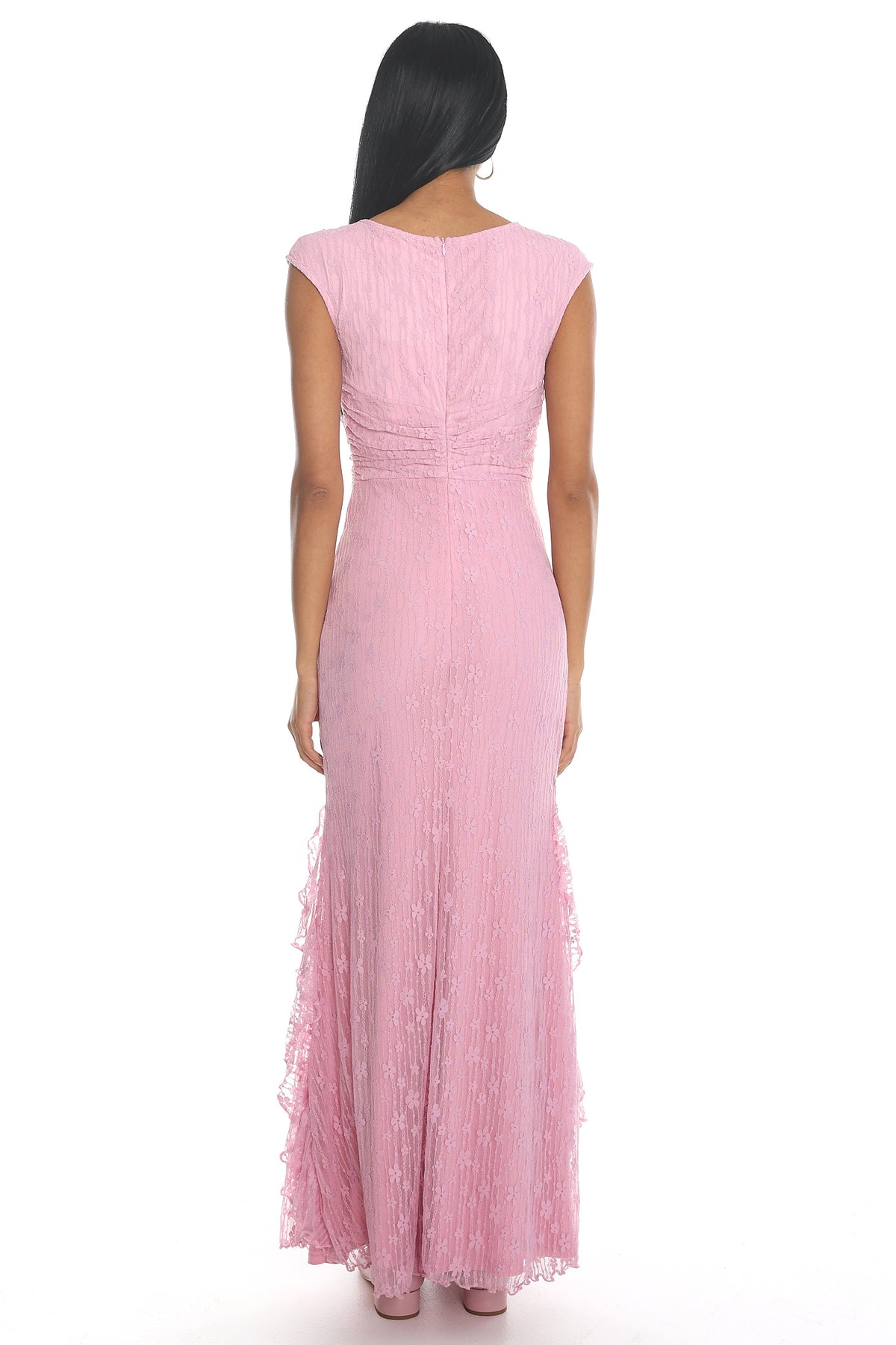 Mood Exposure Lace Ruffle Slit Gown Pink