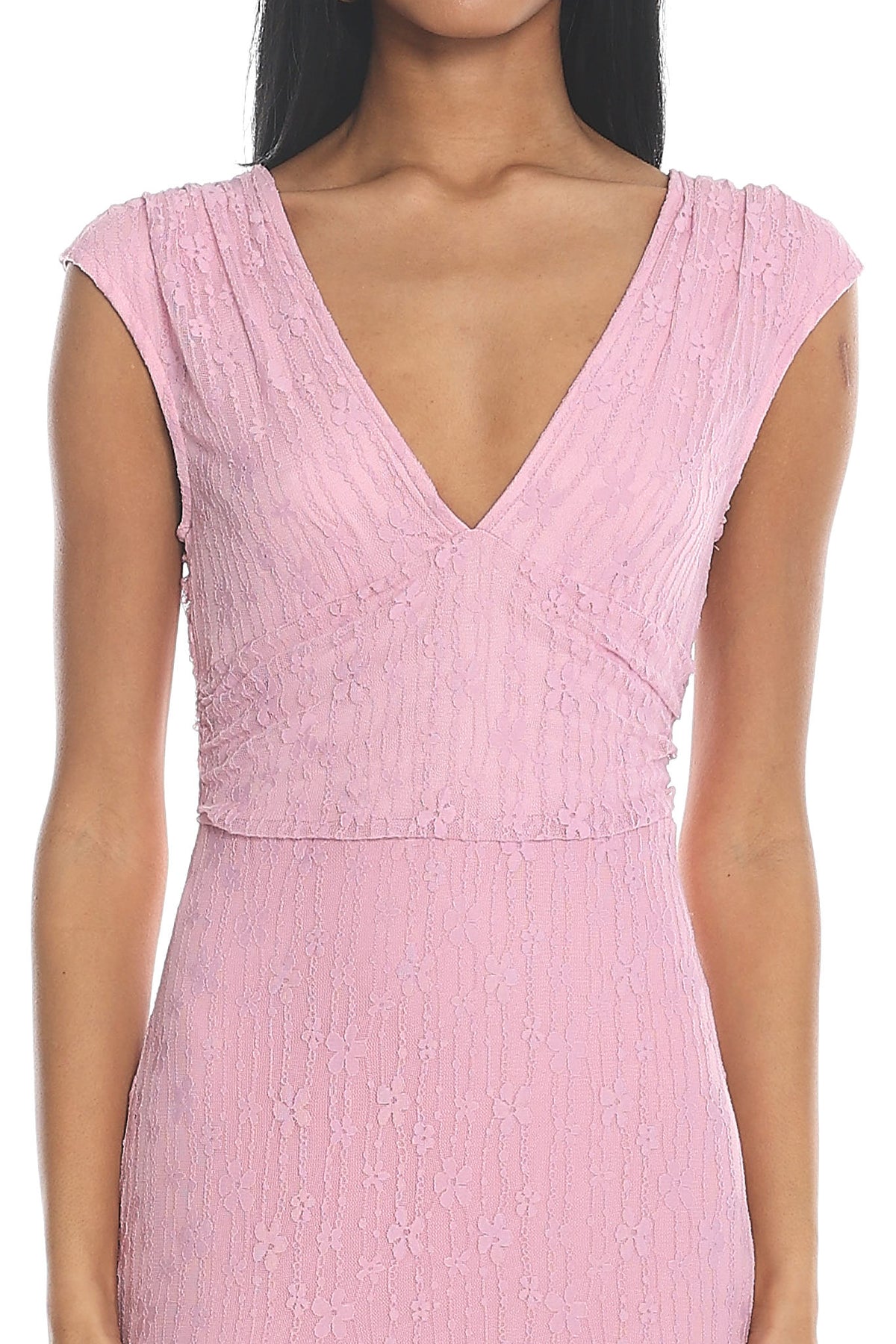Mood Exposure Lace Ruffle Slit Gown Pink