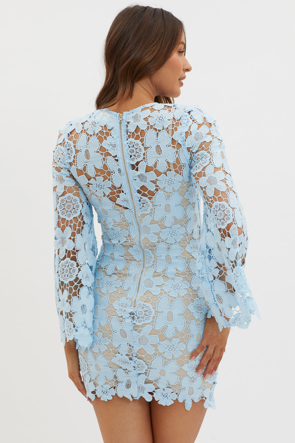 Reinhart Flared Sleeve Crochet Lace Dress Baby Blue | Selfie Leslie Reinhart Flared Sleeve Crochet Lace Dress Baby Blue | Selfie Leslie